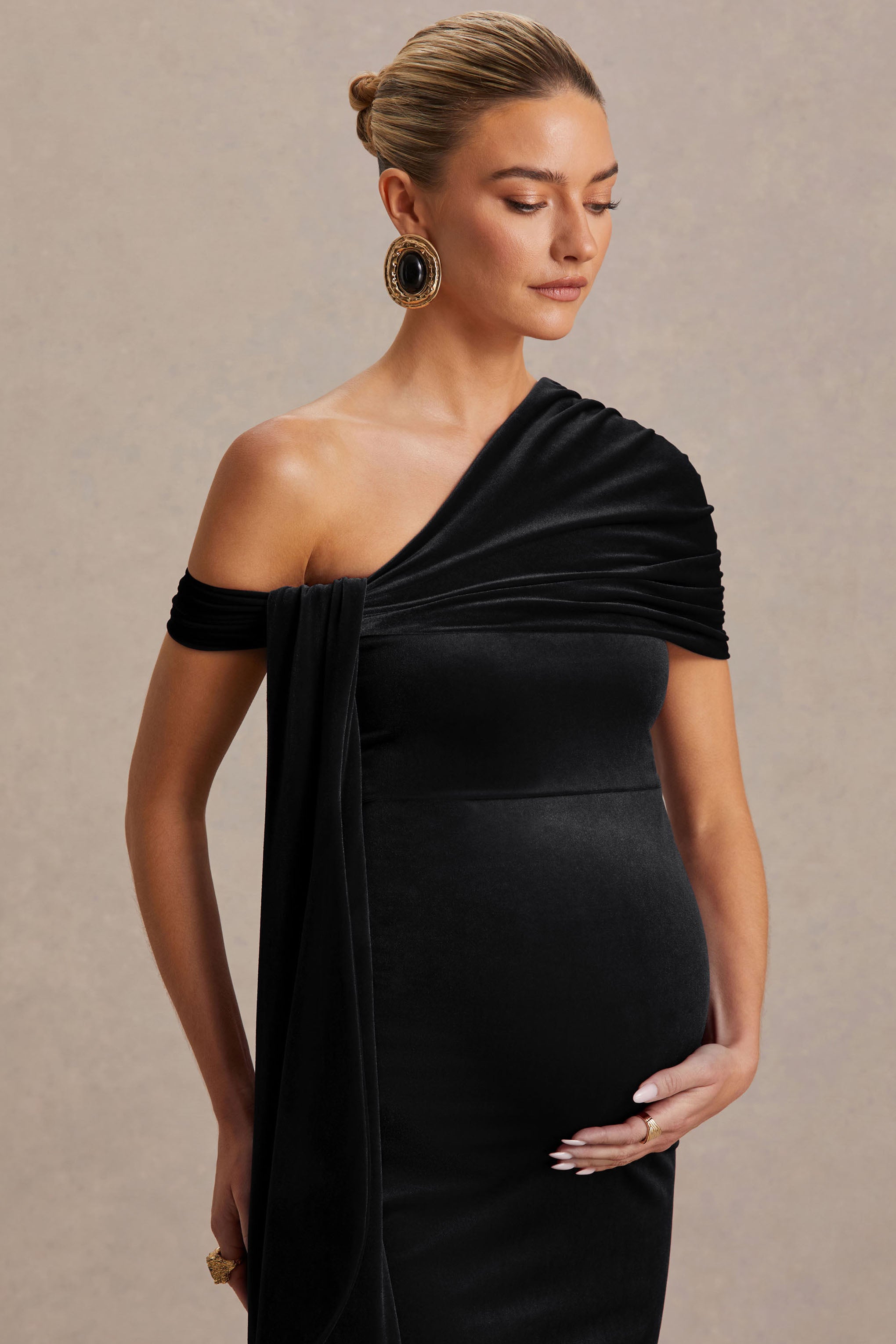 Zena | Black Velvet Asymmetric-Neck Maternity Midi Dress With Knot And Sash Detail-Sowoom