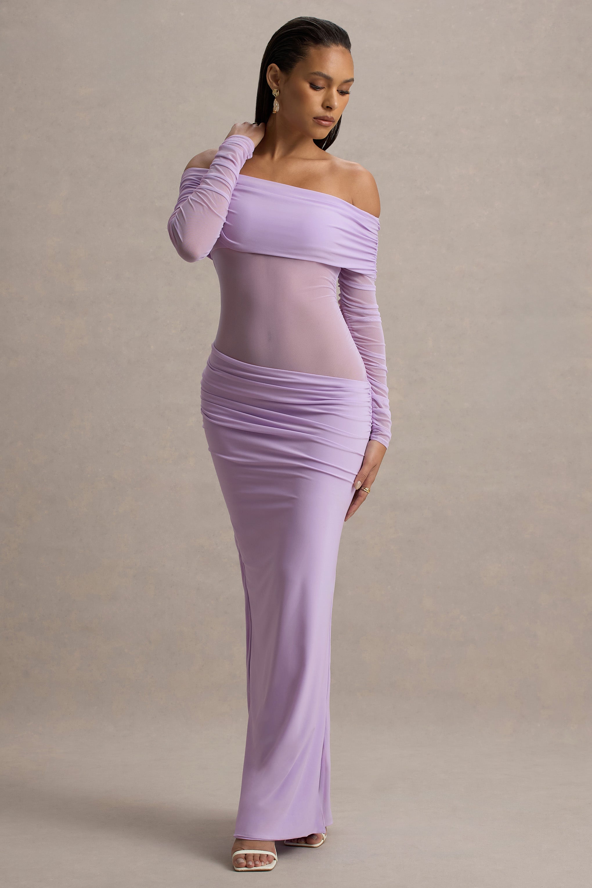 Belamour | Lavender Semi-Sheer Bardot Gathered Maxi Dress-Sowoom