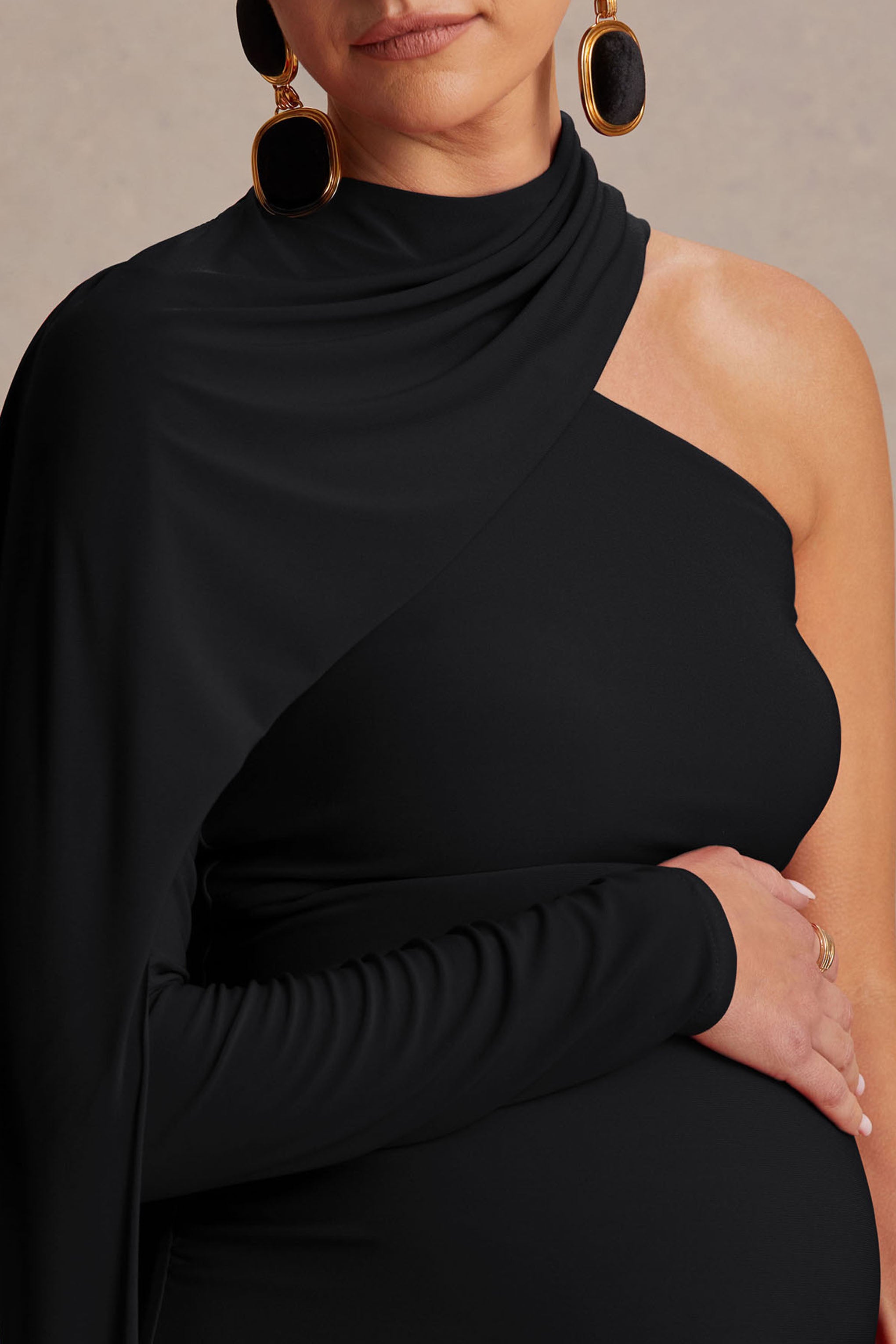 Tessy | Black Asymmetric-Neck Maternity Maxi Dress With Cape-Sleeve-Sowoom