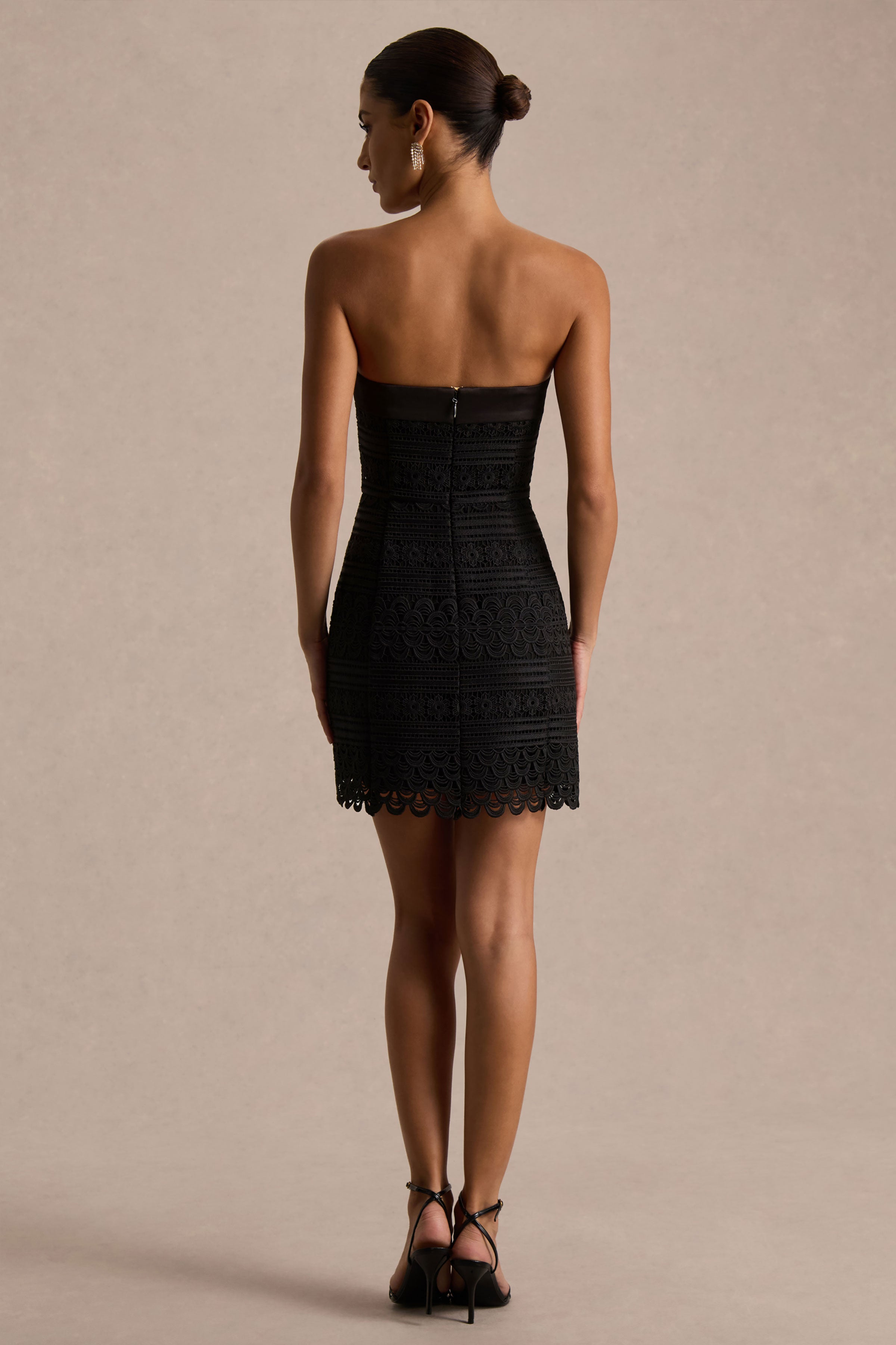Kerry | Black Lace Bandeau Mini Dress With Bow-Detail-Sowoom
