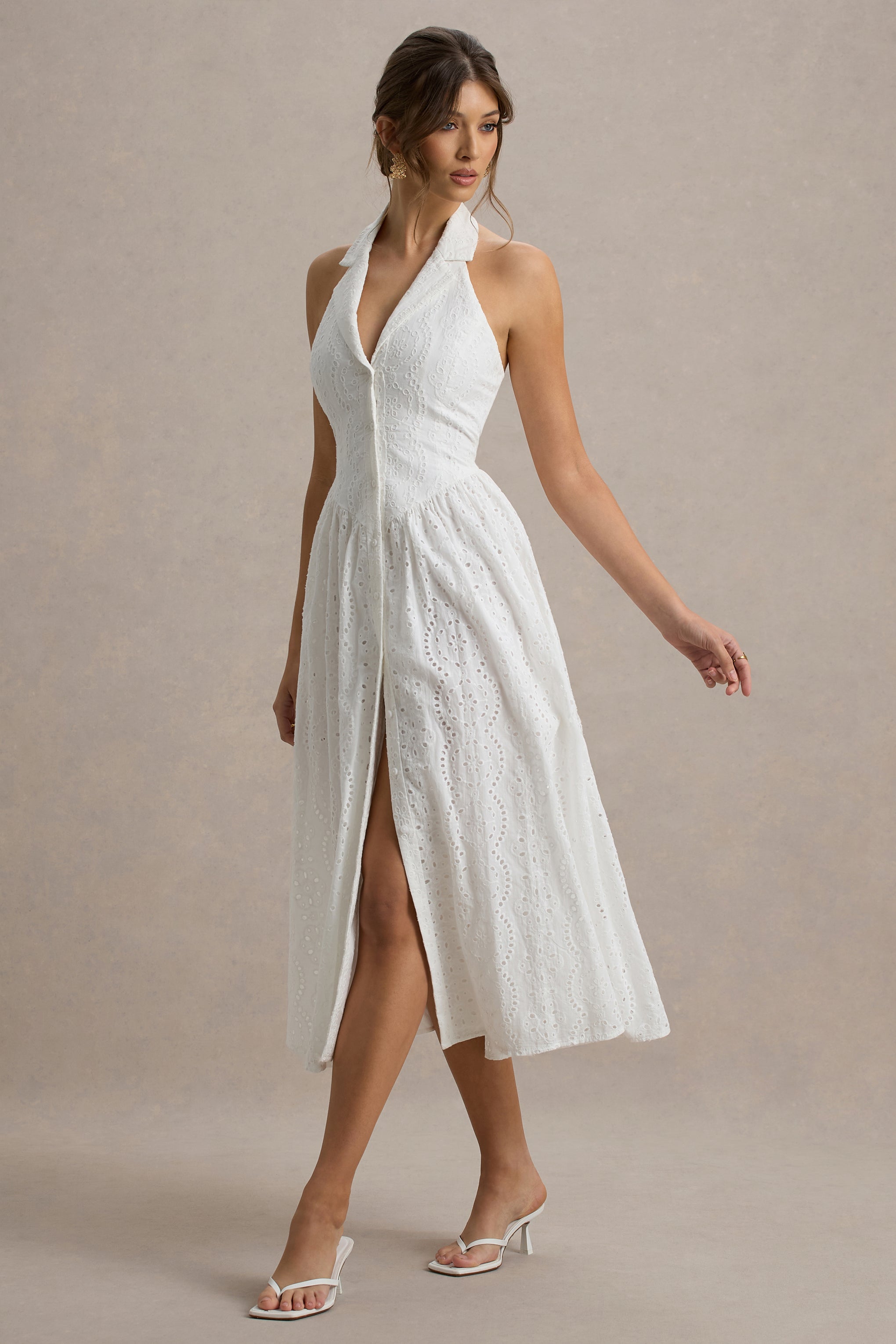 Jezebel | White Lace Plunge-Neck Collared Midi Dress-Sowoom