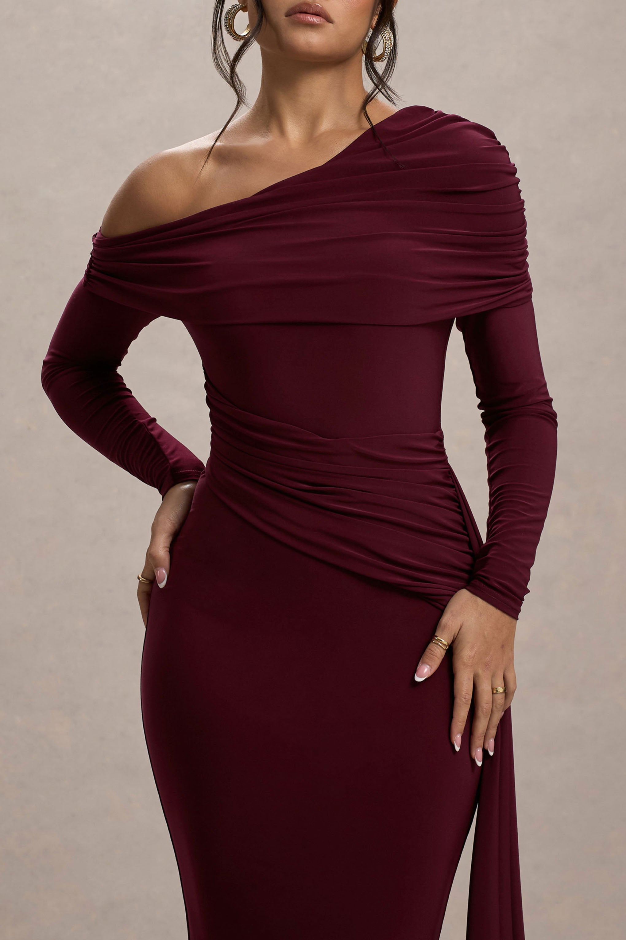 Valina | Burgundy Ruched Asymmetric Maxi Dress With Drape-Sowoom