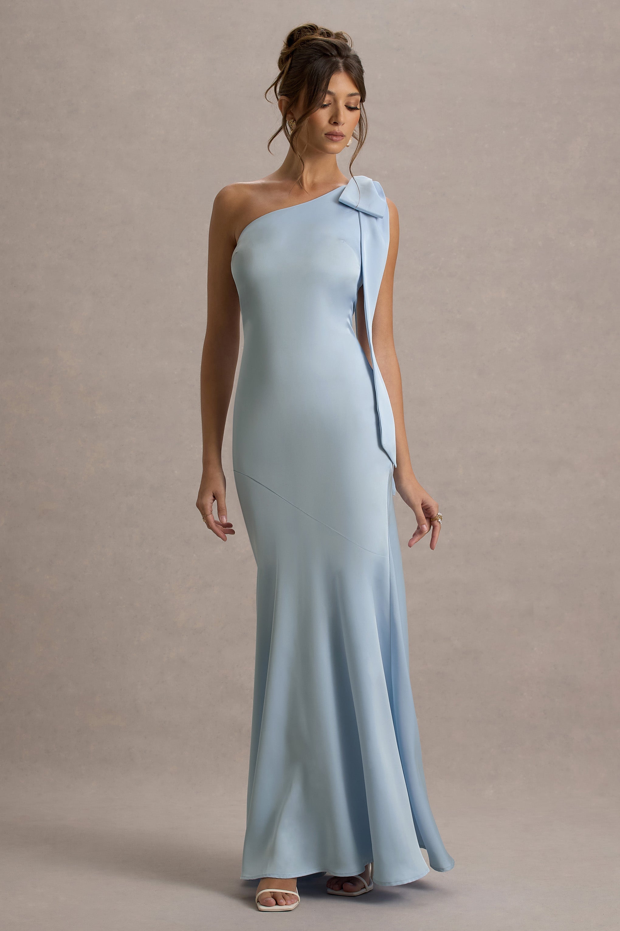 Here For Love | Powder Blue Satin Asymmetric Maxi Dress With Bow-Sowoom