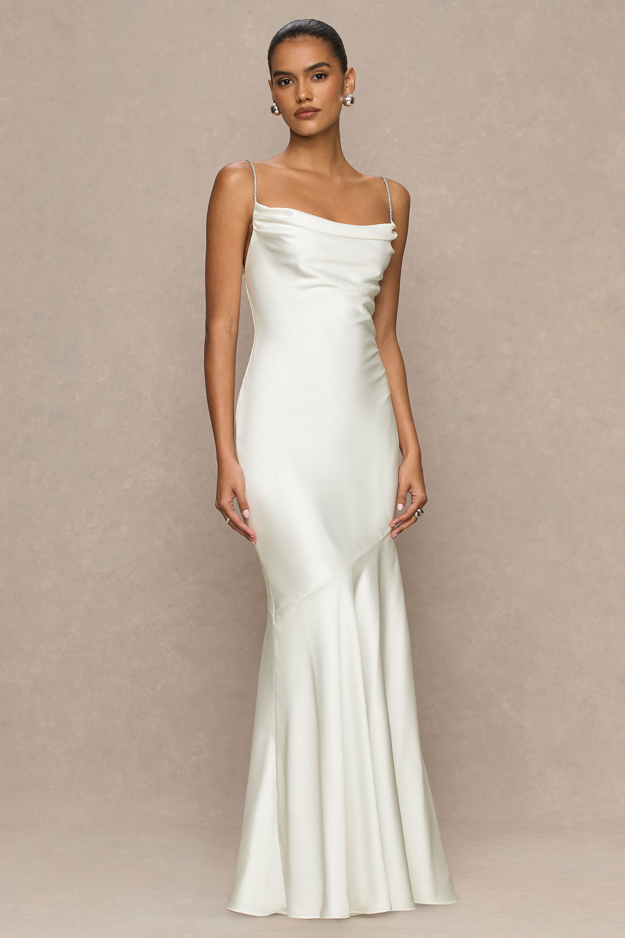 Maelia | Cream Satin Cowl-Neck Maxi Dress With Diamante Straps-Sowoom