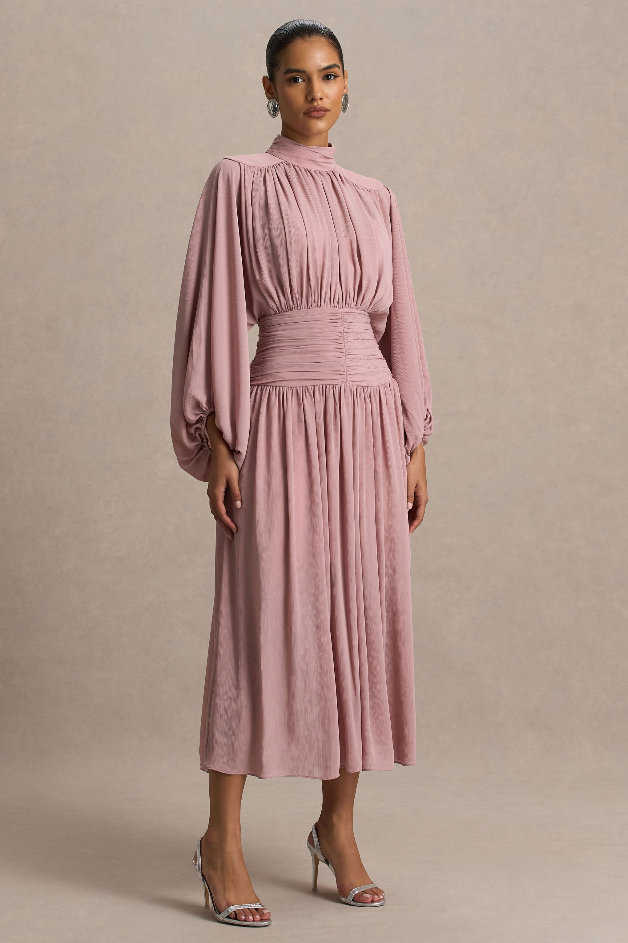 Annabel | Dusty Pink High-Neck Midi Dress With Drop-Waist And Pleated Detailing-Sowoom