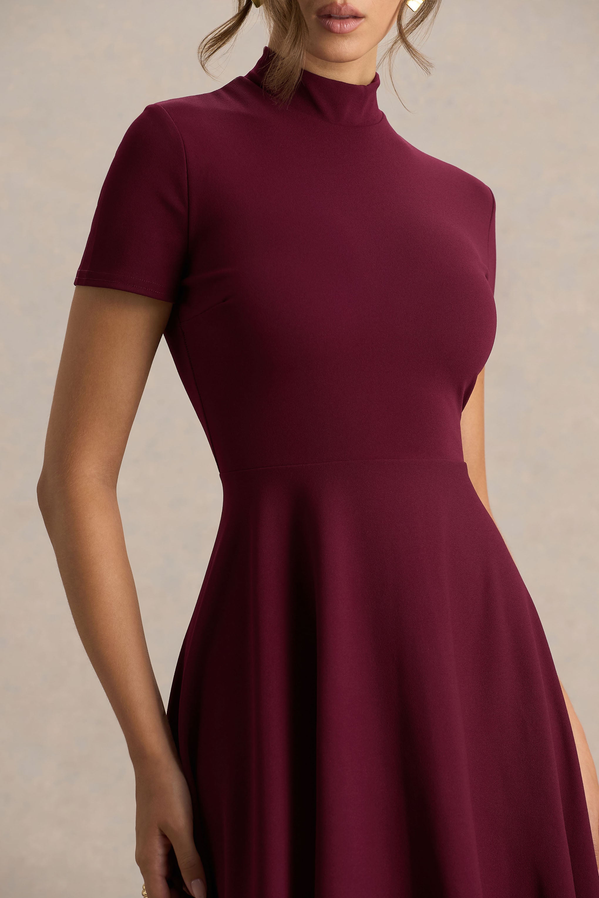 Bellona | Burgundy High-Neck High-Low Midi Dress-Sowoom