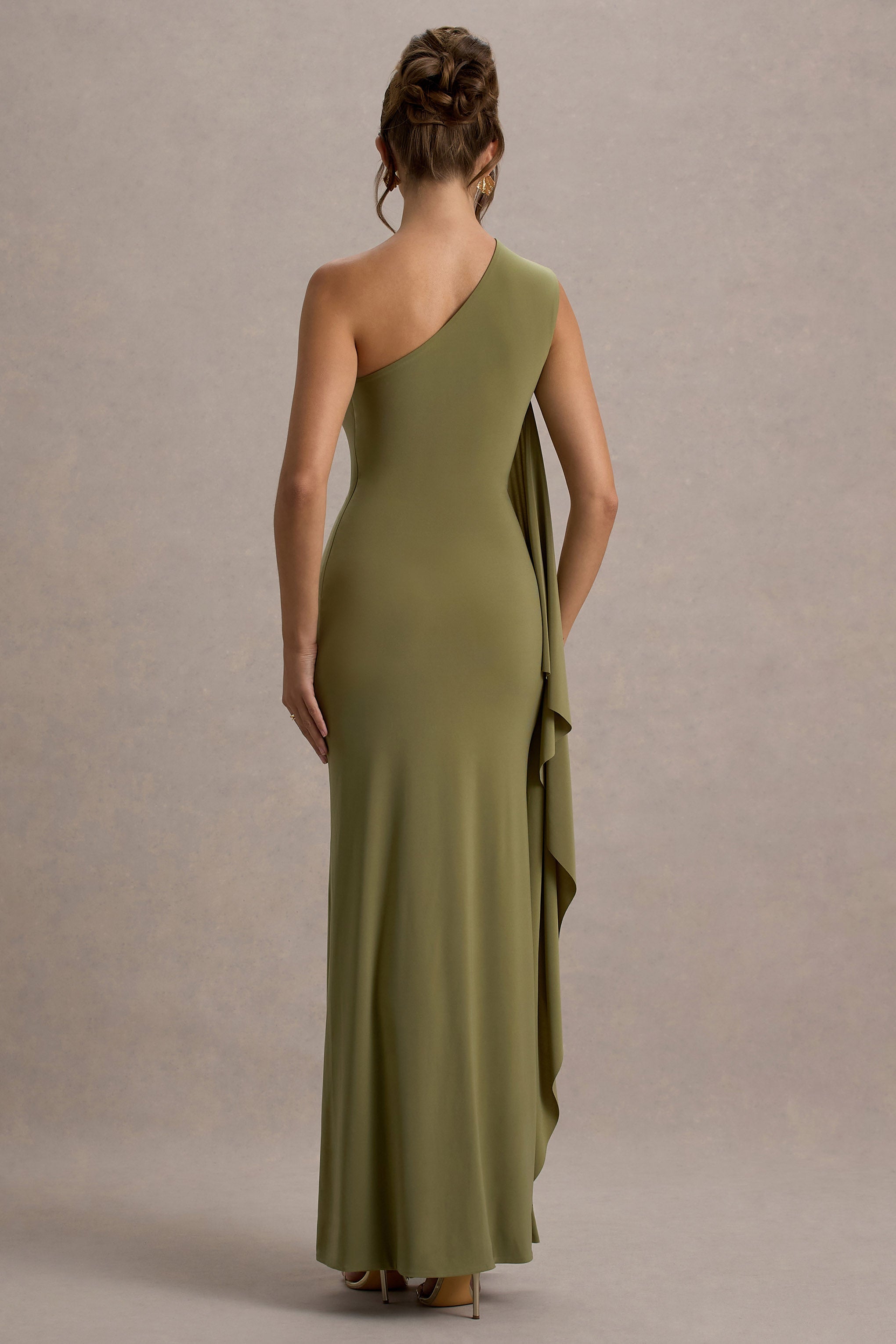 Adelina | Olive One-Shoulder Maxi Dress With Drape-Sowoom