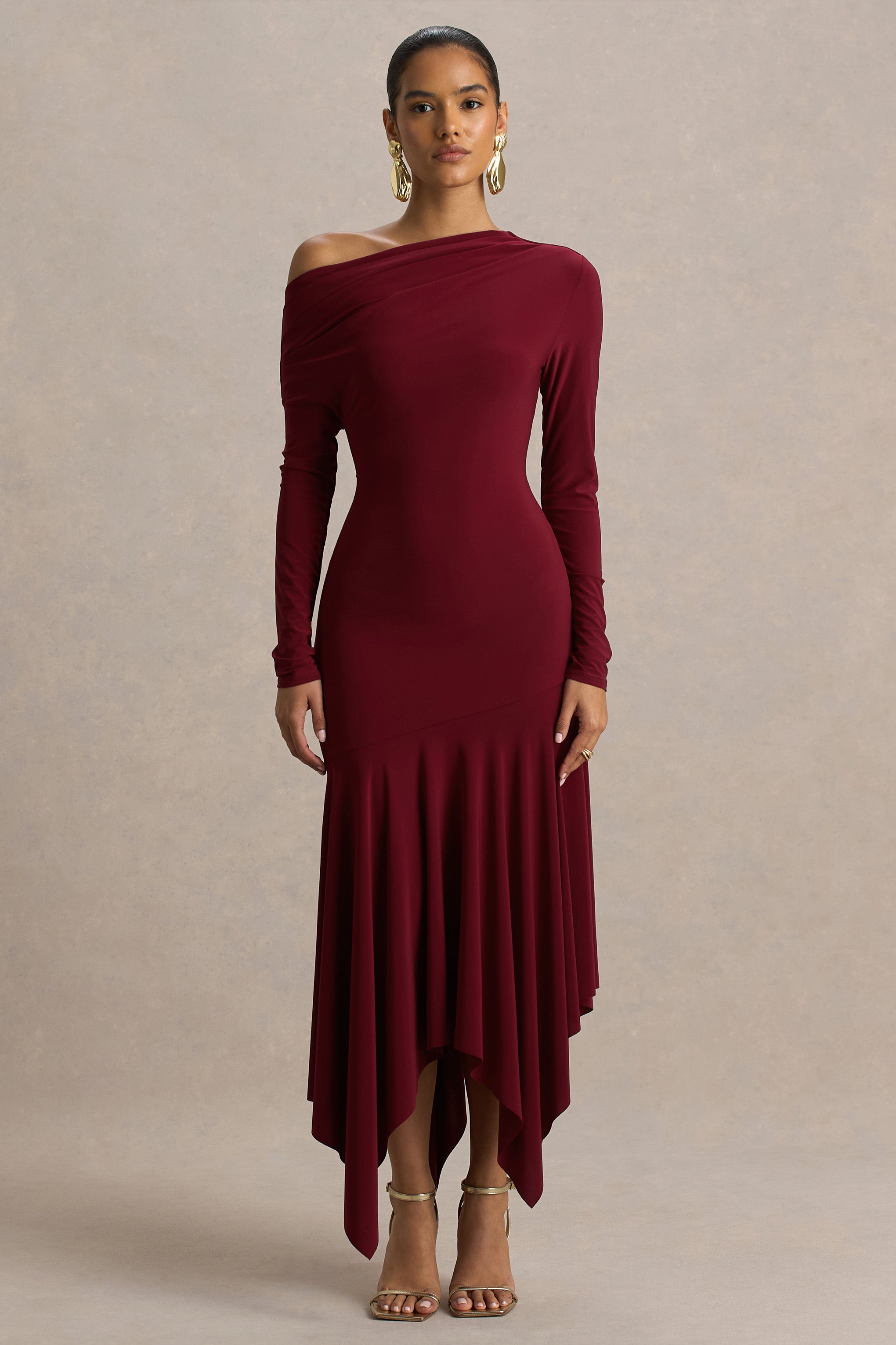 Isola | Burgundy Asymmetric-Neck Midi Dress With Hanky-Hem-Sowoom