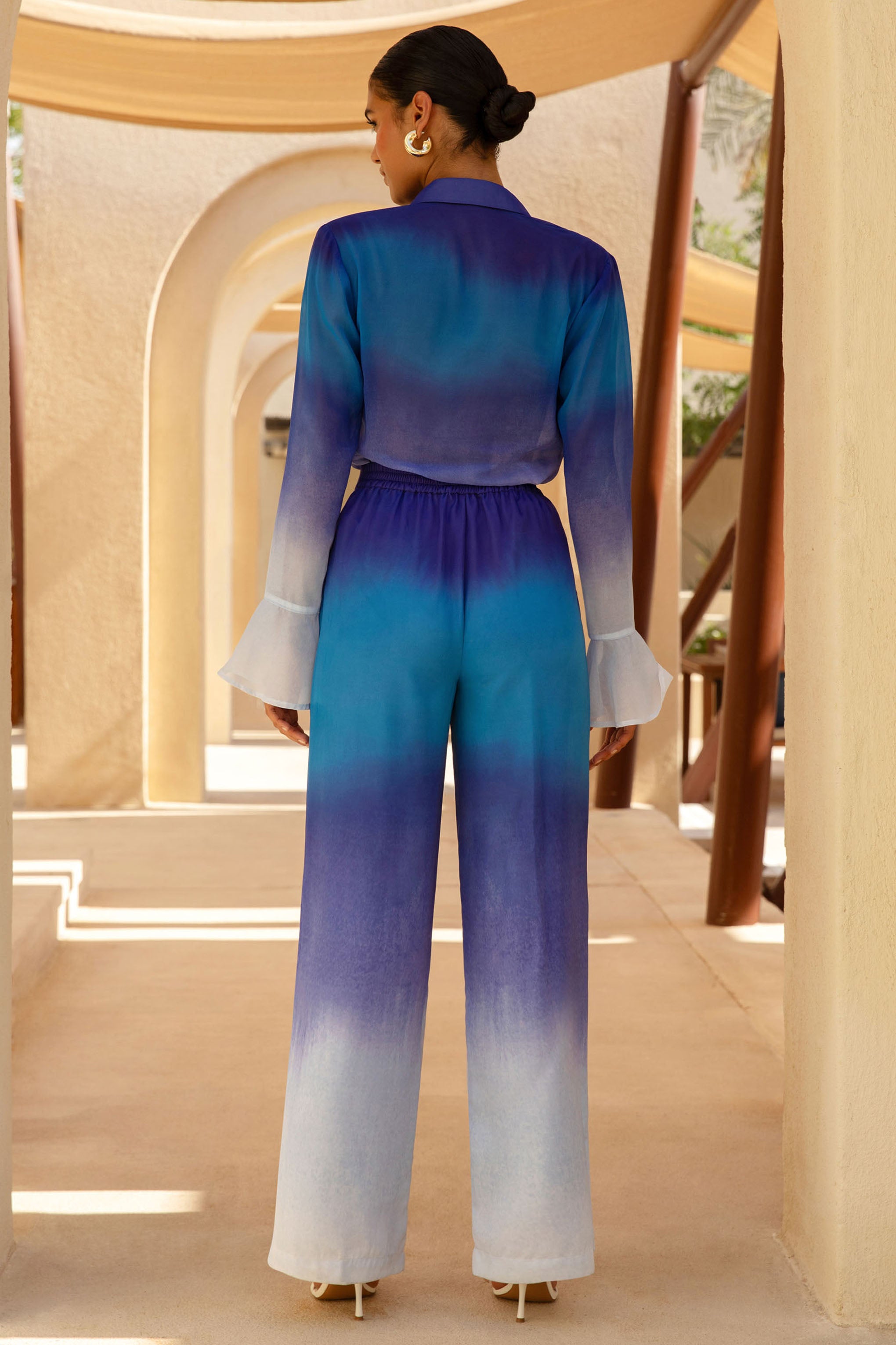 Last Light | Blue Ombre Satin Wide-Leg Trousers-Sowoom