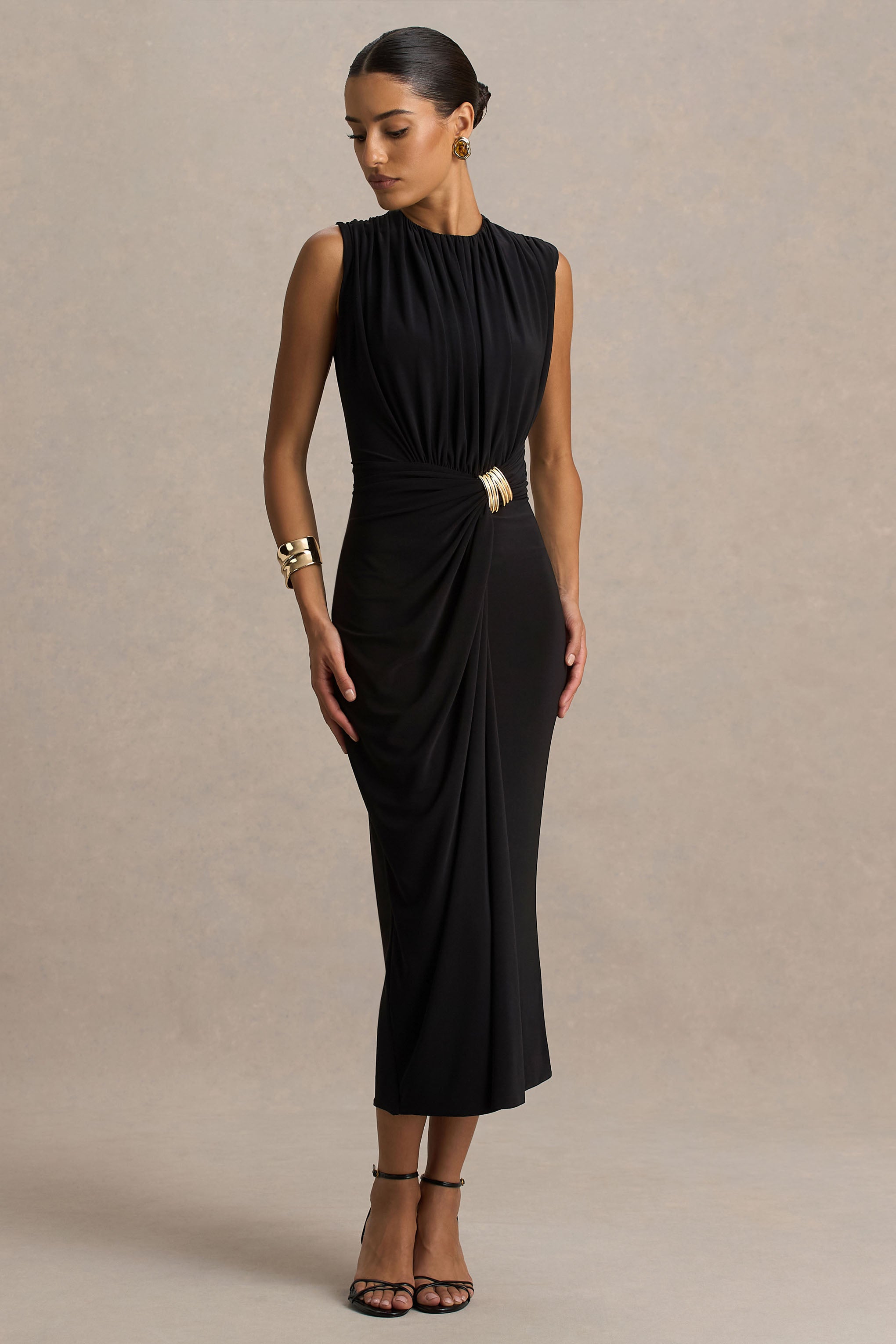 Harlow | Black Crew-Neck Wrapped Midi Dress-Sowoom