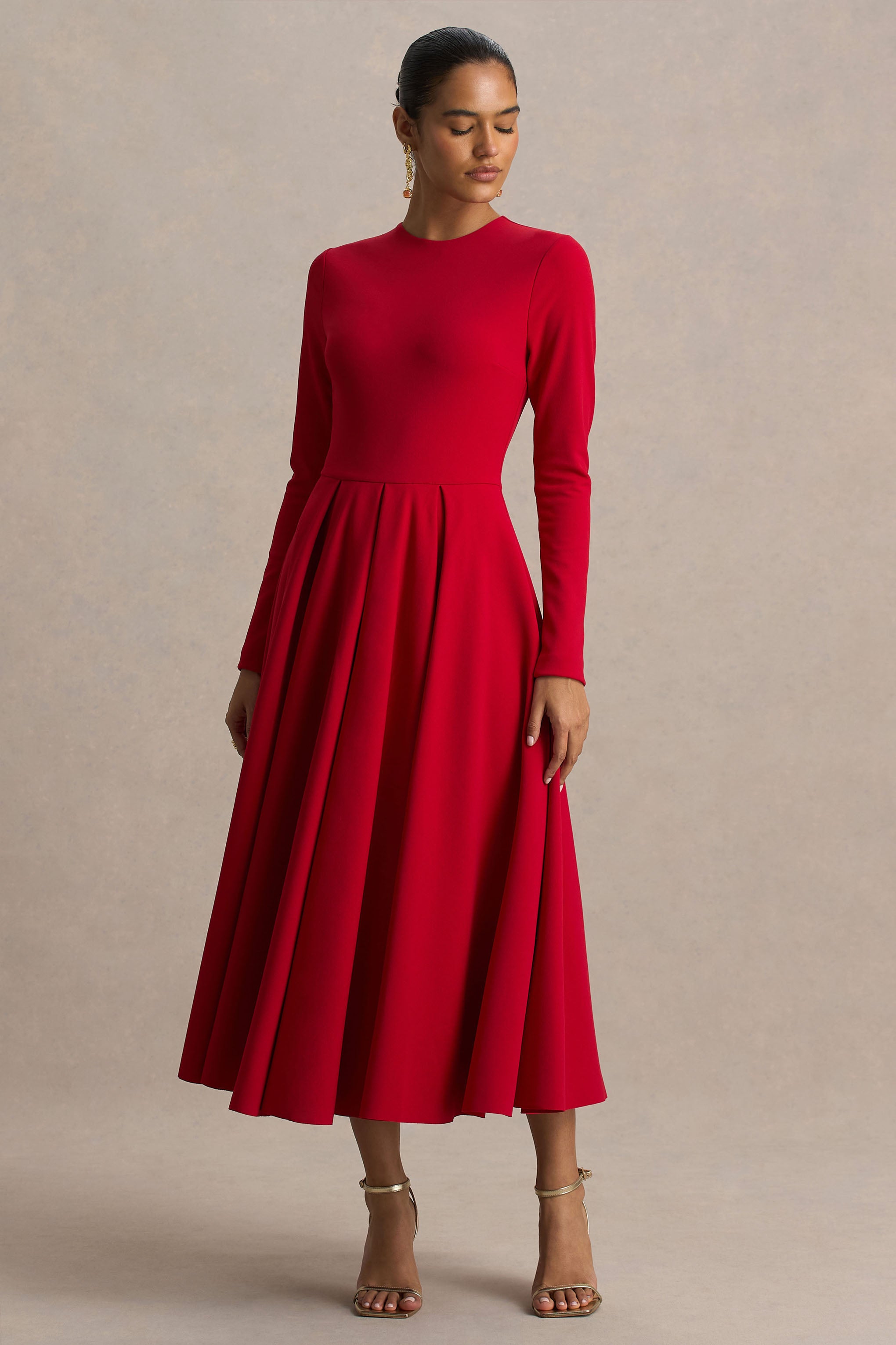 Bellamy | Red Crew-Neck Long-Sleeve Midi Dress-Sowoom
