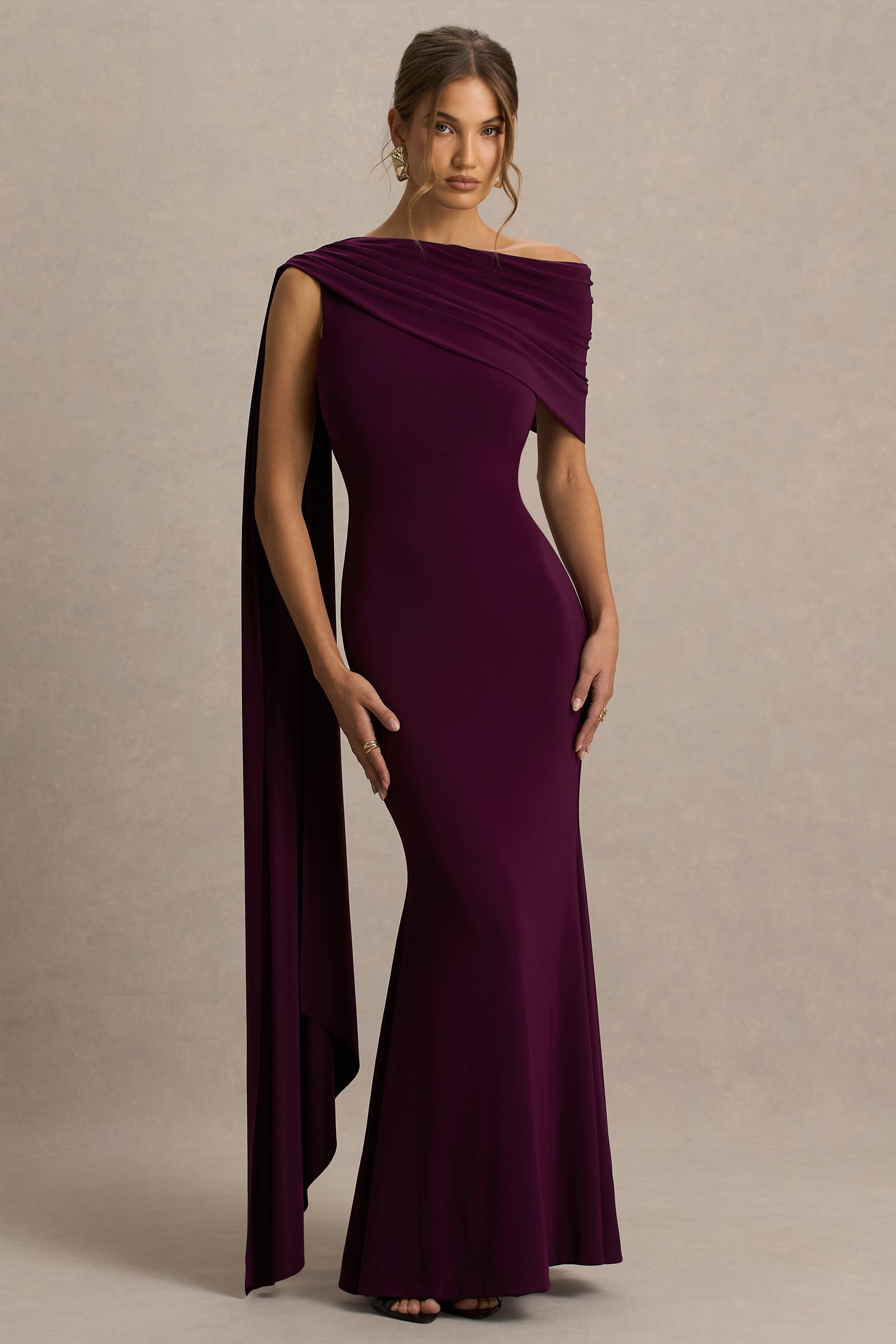 Tiana | Dark Plum Asymmetric-Neck Maxi Dress With Draped Detail-Sowoom