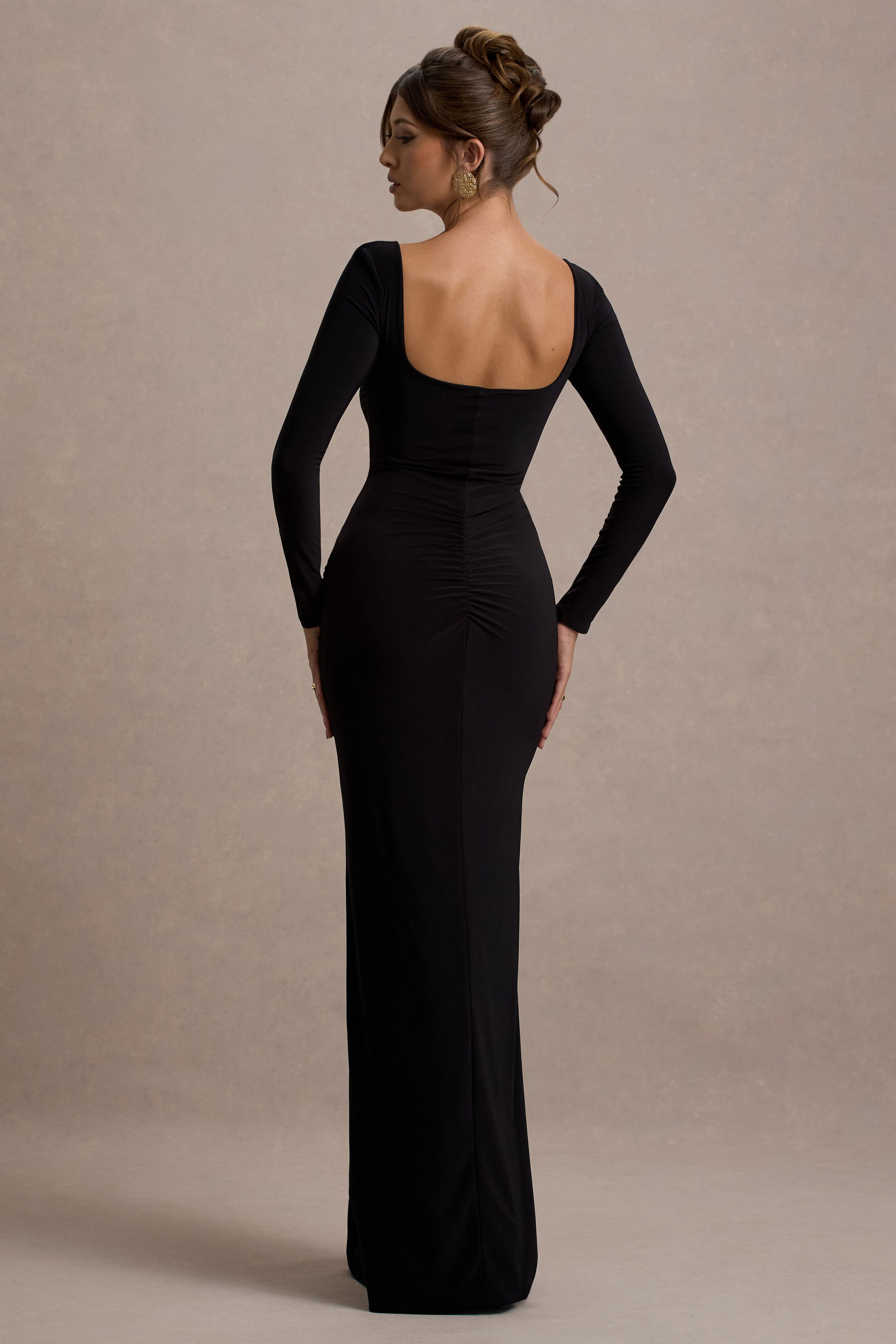My Pleasure | Black Square Neck Ruched Maxi Dress-Sowoom
