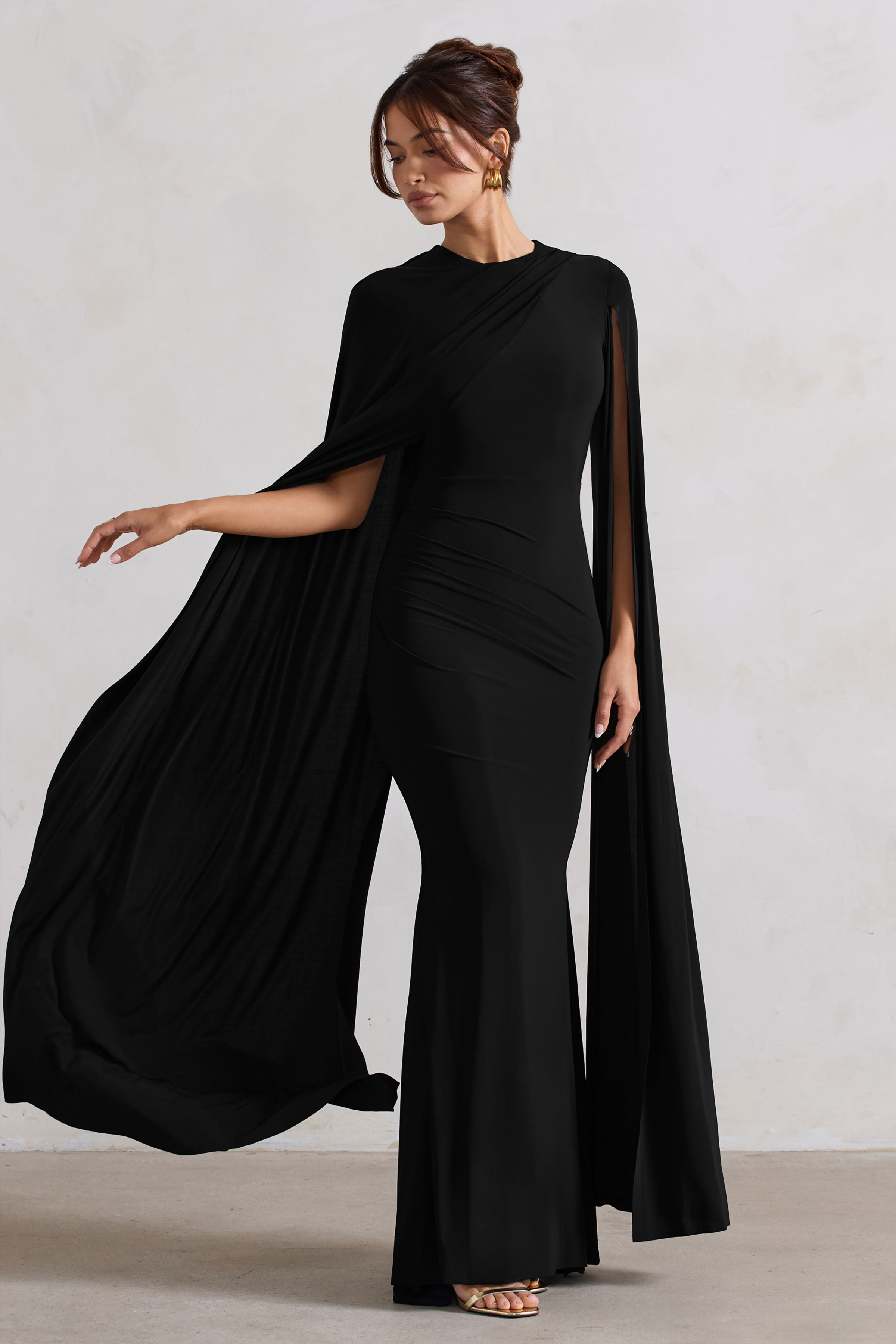 Magdelena | Black Asymmetric Cape Maxi Dress-Sowoom