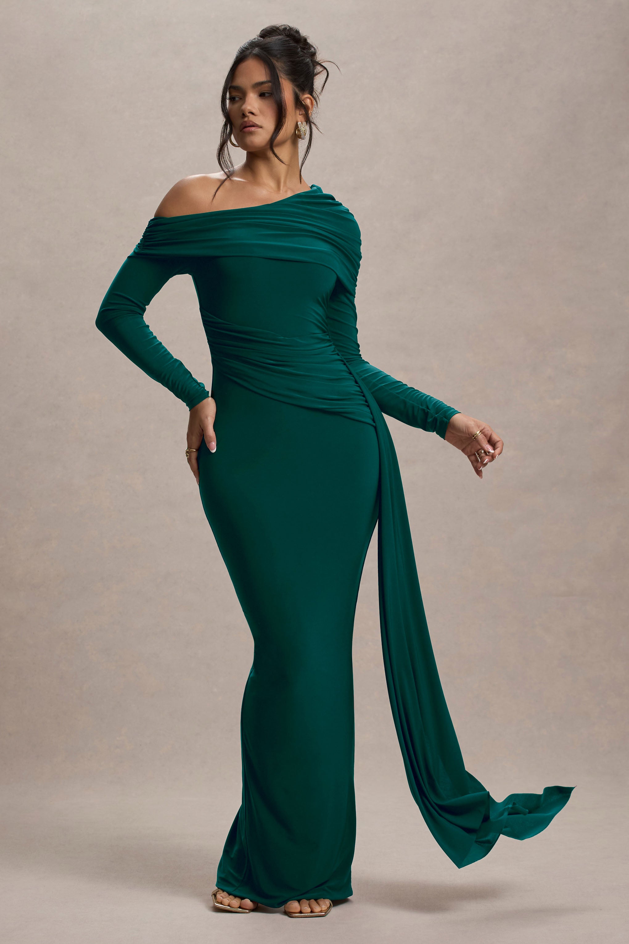 Valina | Green Ruched Asymmetric Maxi Dress With Drape-Sowoom