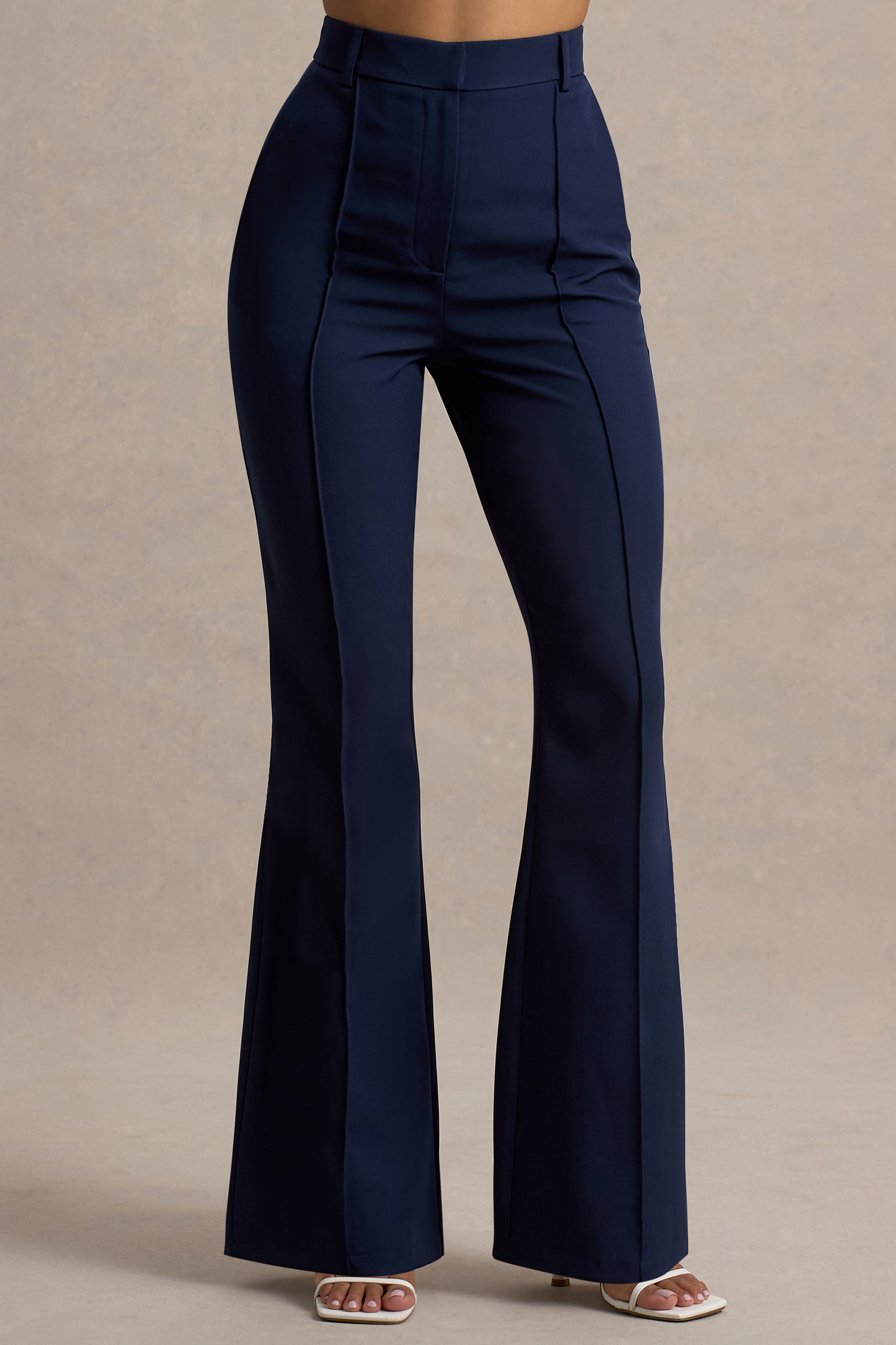 Jada | Navy Tailored Flared-Leg Trousers-Sowoom