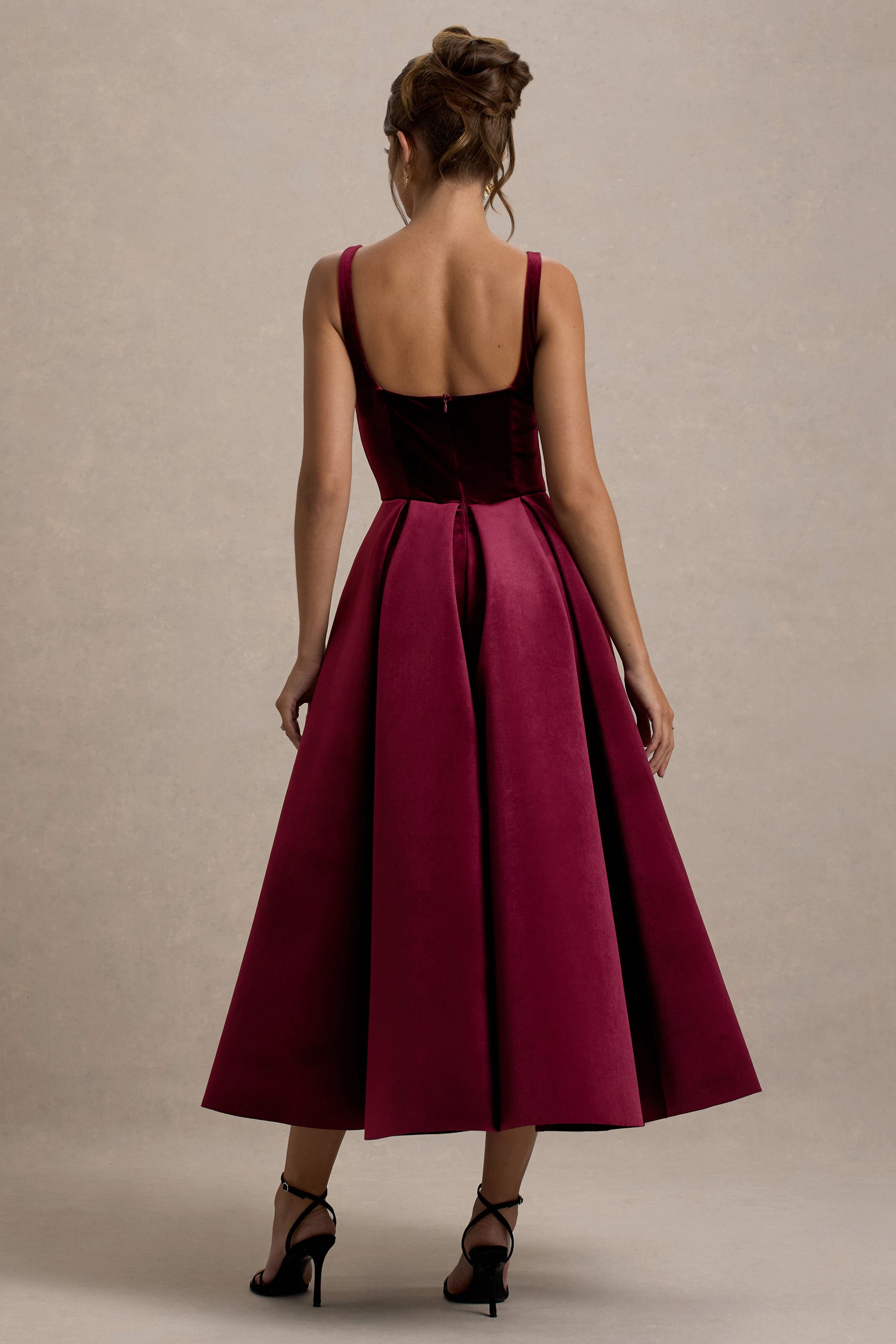Francisca | Berry Velvet Strappy Volume-Hem Midi Dress-Sowoom