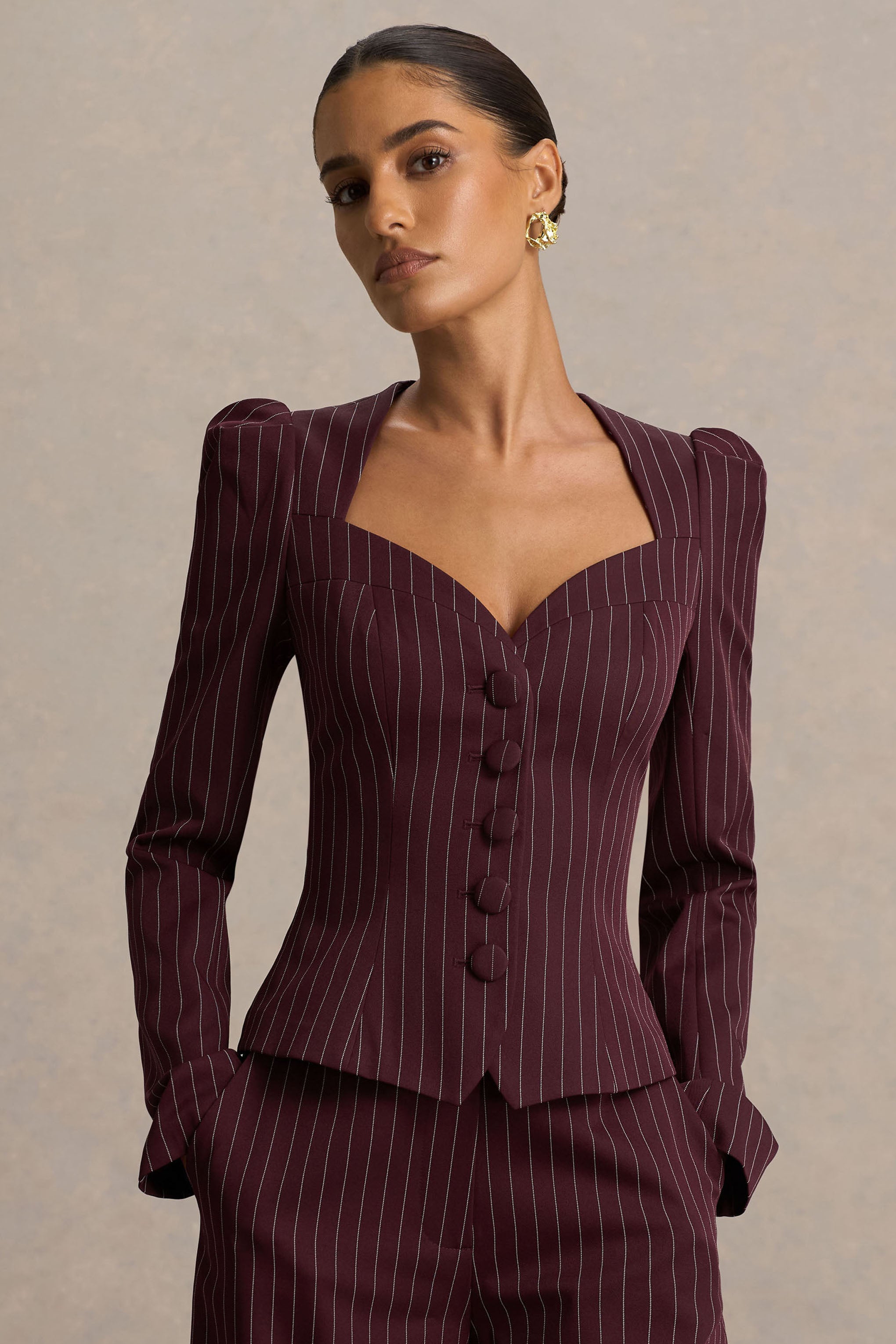 Lana | Burgundy Pinstripe Woven Sweetheart-Neck Tailored Top-Sowoom