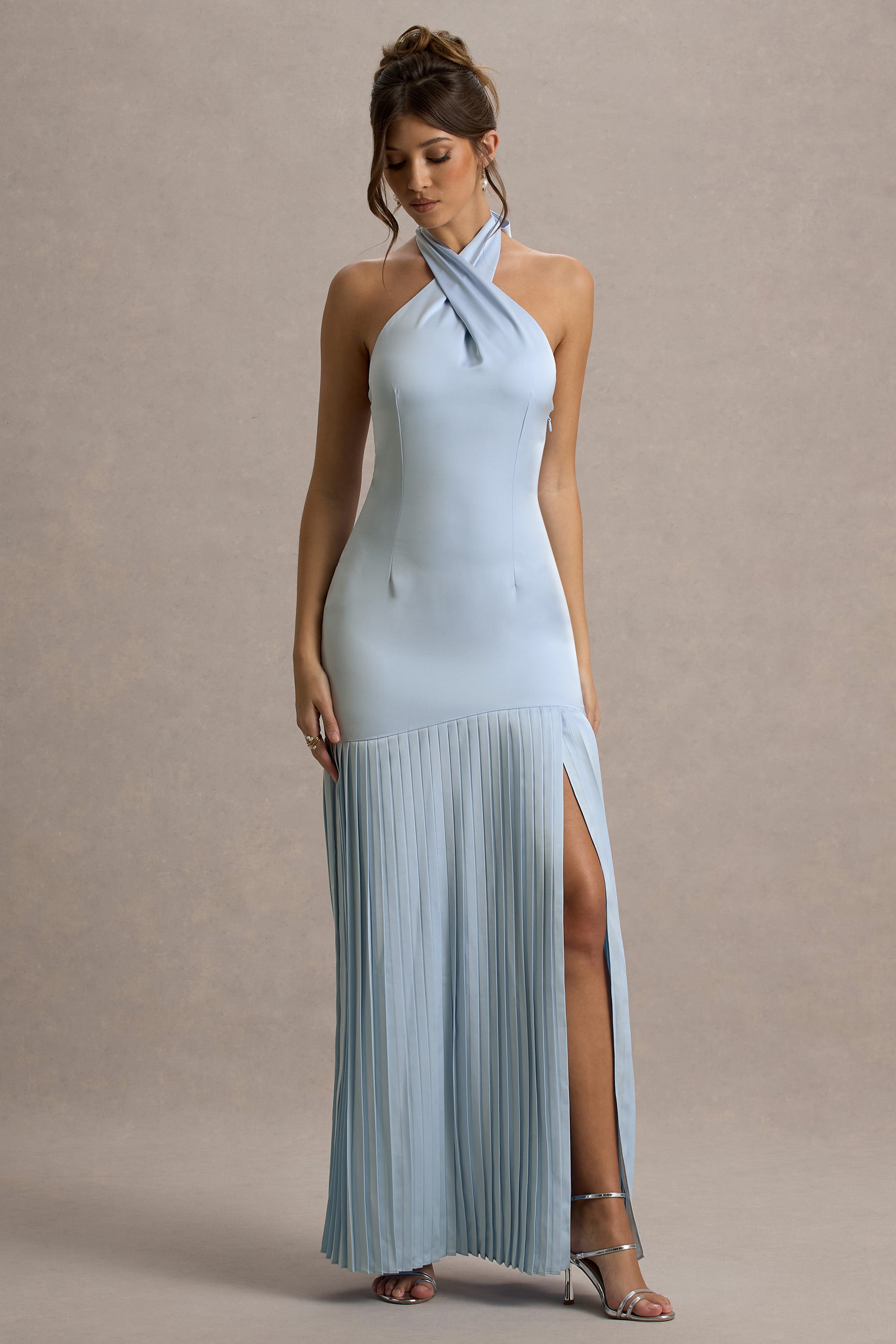 Sansa | Powder Blue Satin Cross Halter-Neck Plisse Maxi Dress-Sowoom