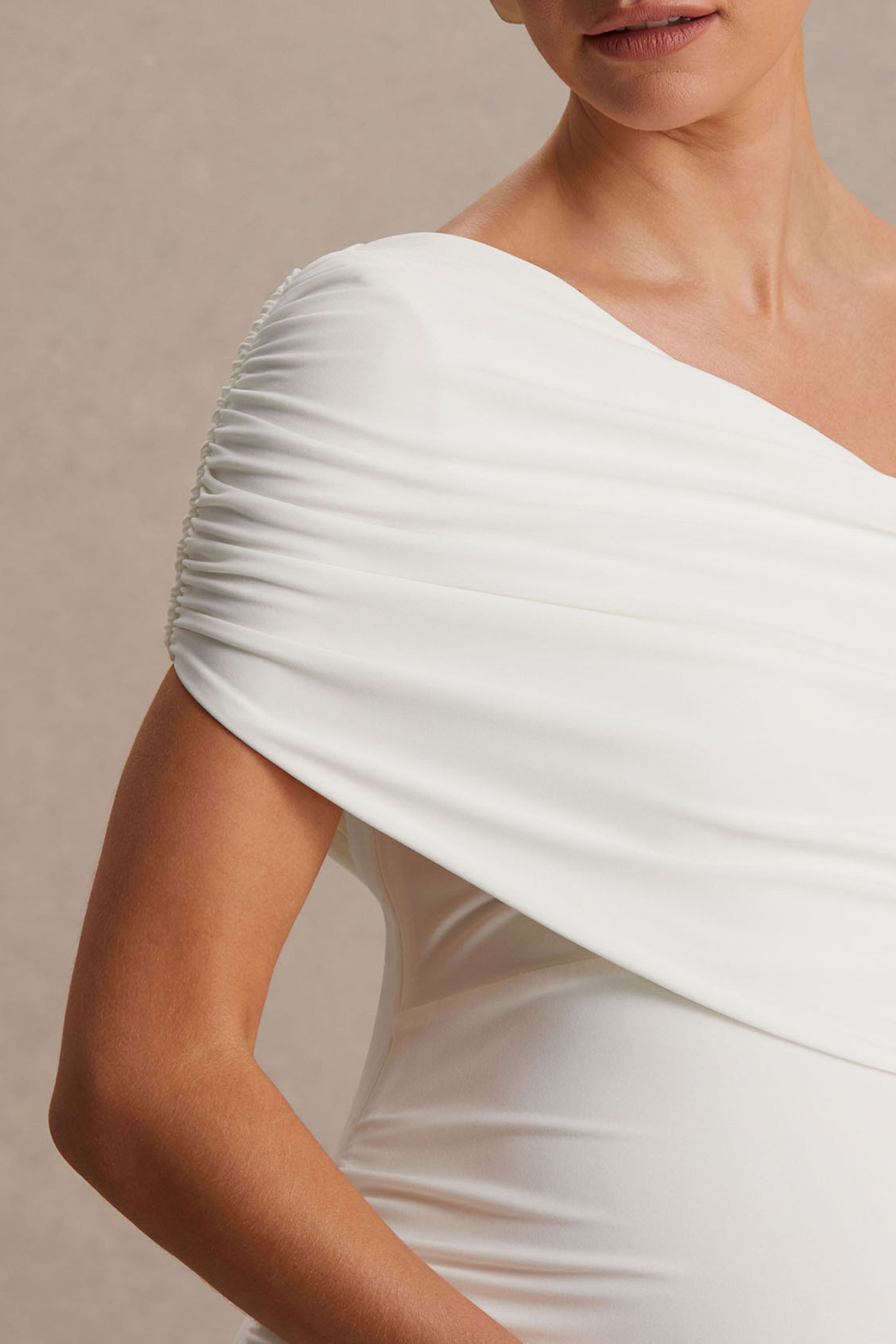 Noah | White Asymmetric-Neck Maternity Maxi Dress With Drop-Waist-Sowoom