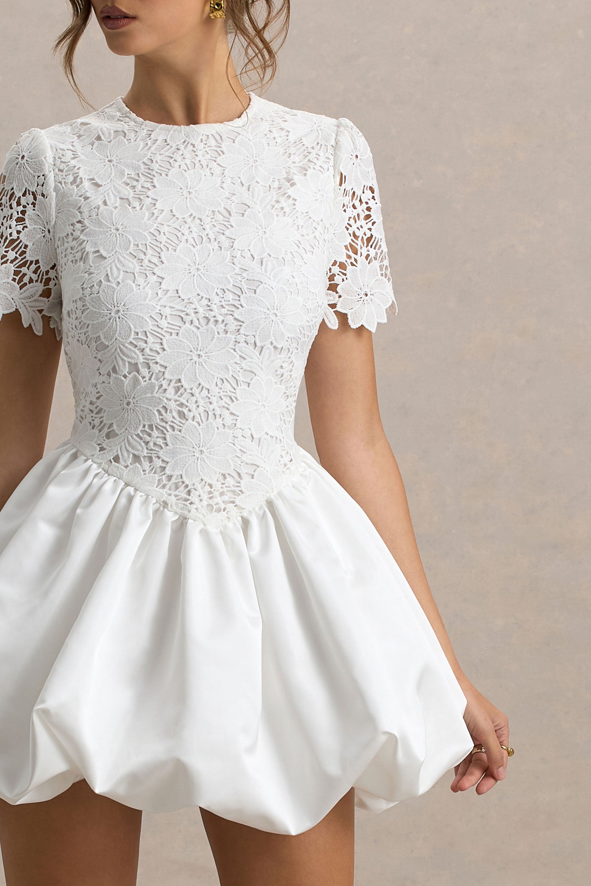 Taffy | White Lace Mini Dress With Satin Puffball Skirt-Sowoom
