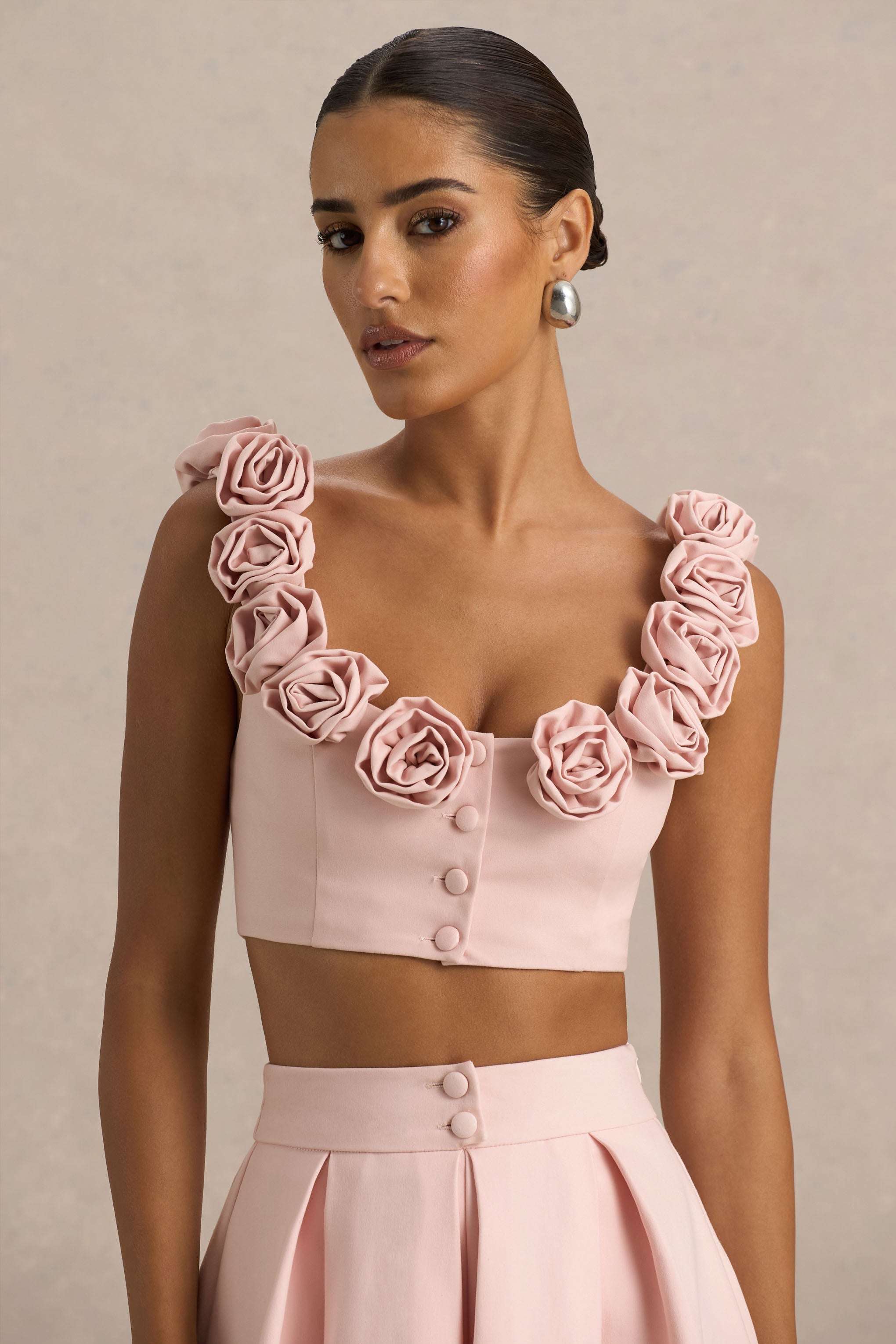 Blade | Baby Pink Scoop-Neck Crop Top With Corsage Details-Sowoom