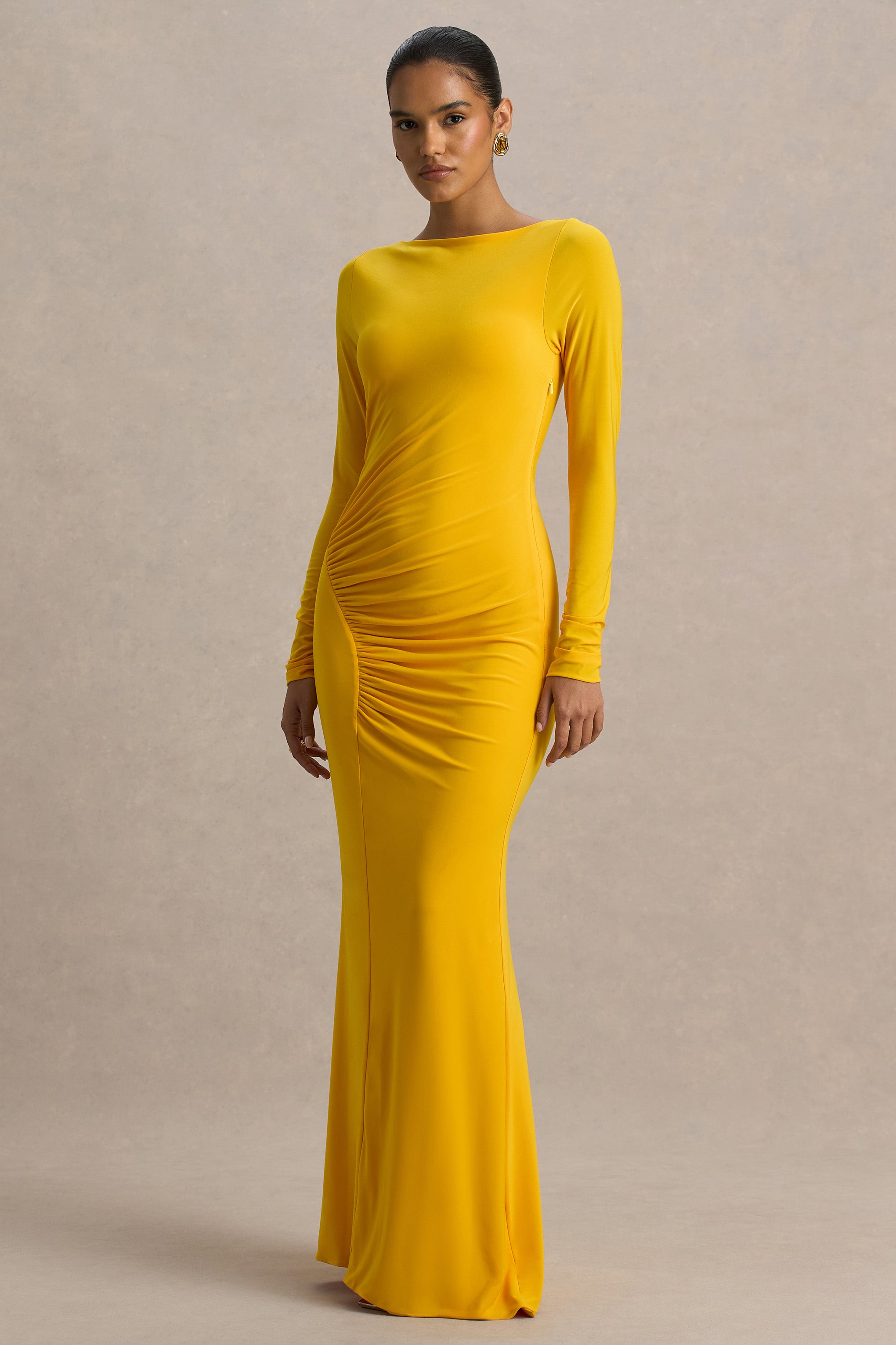 Diva | Yellow Slashed-Neck Maxi Dress With Ruched Detailing-Sowoom