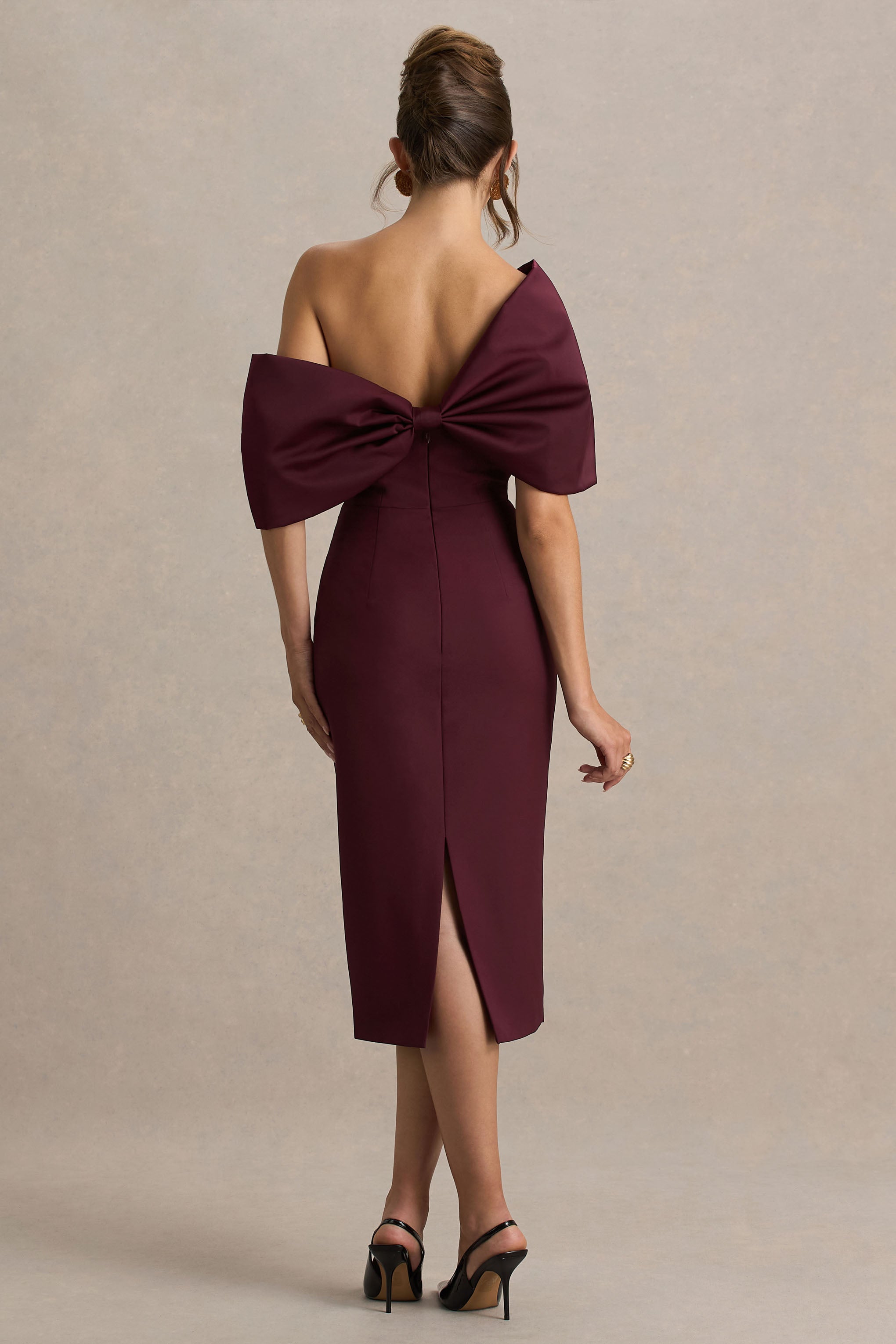 Lucille | Burgundy Asymmetric Bardot Midi Dress With Bow Detail-Sowoom