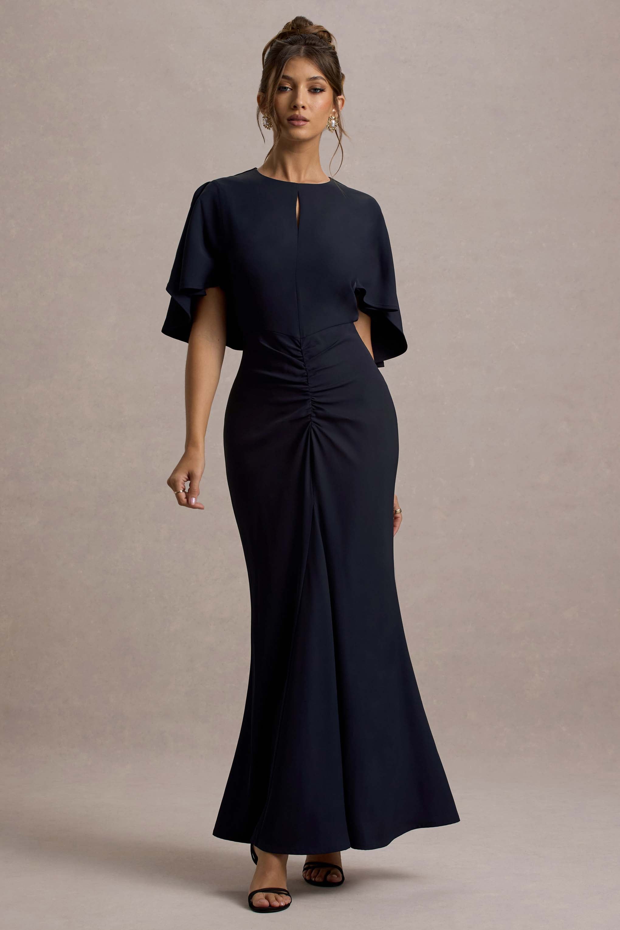 Allison | Navy High-Neck Maxi Dress With Cape-Sowoom
