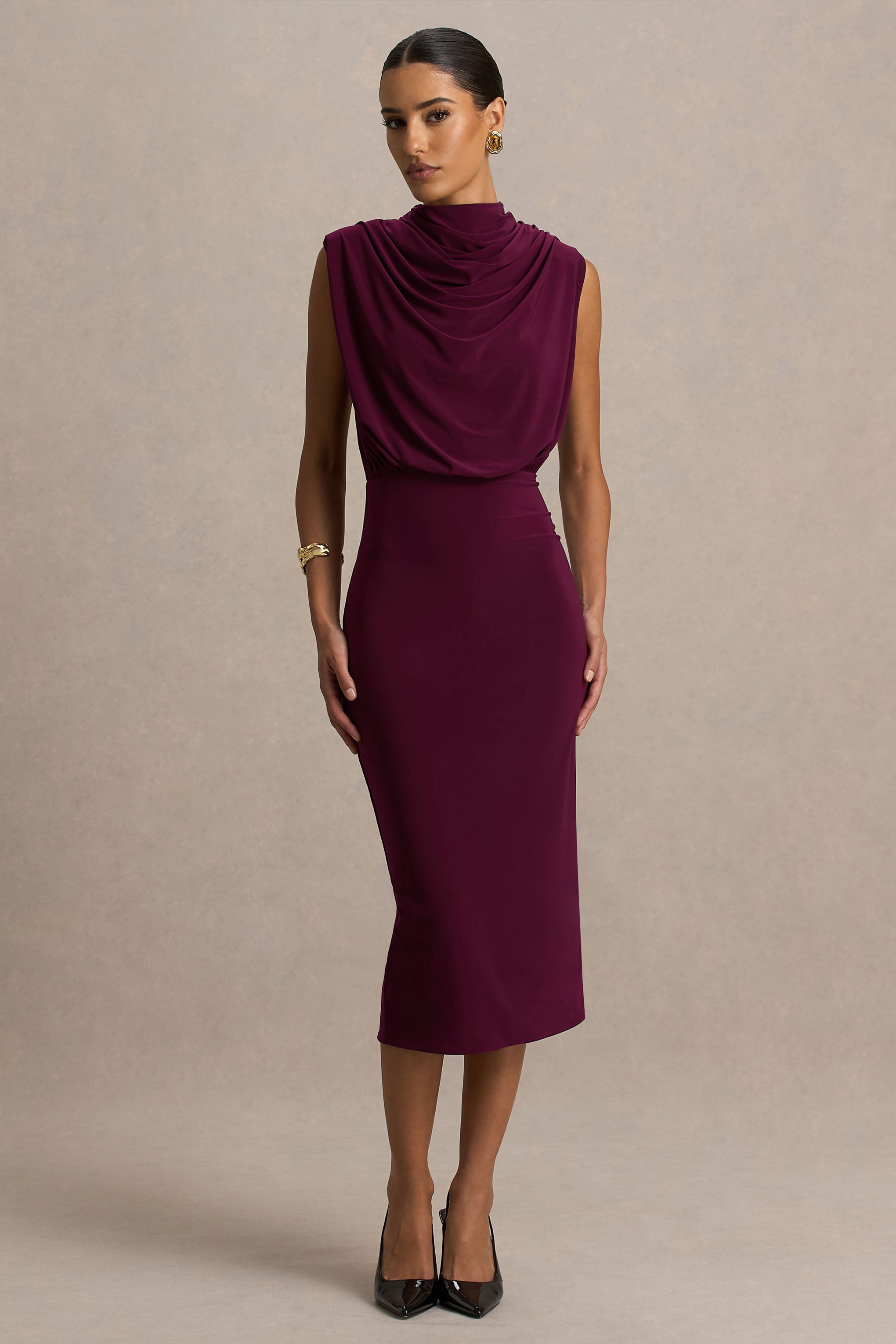 Hermia | Burgundy High-Neck Midi Dress-Sowoom