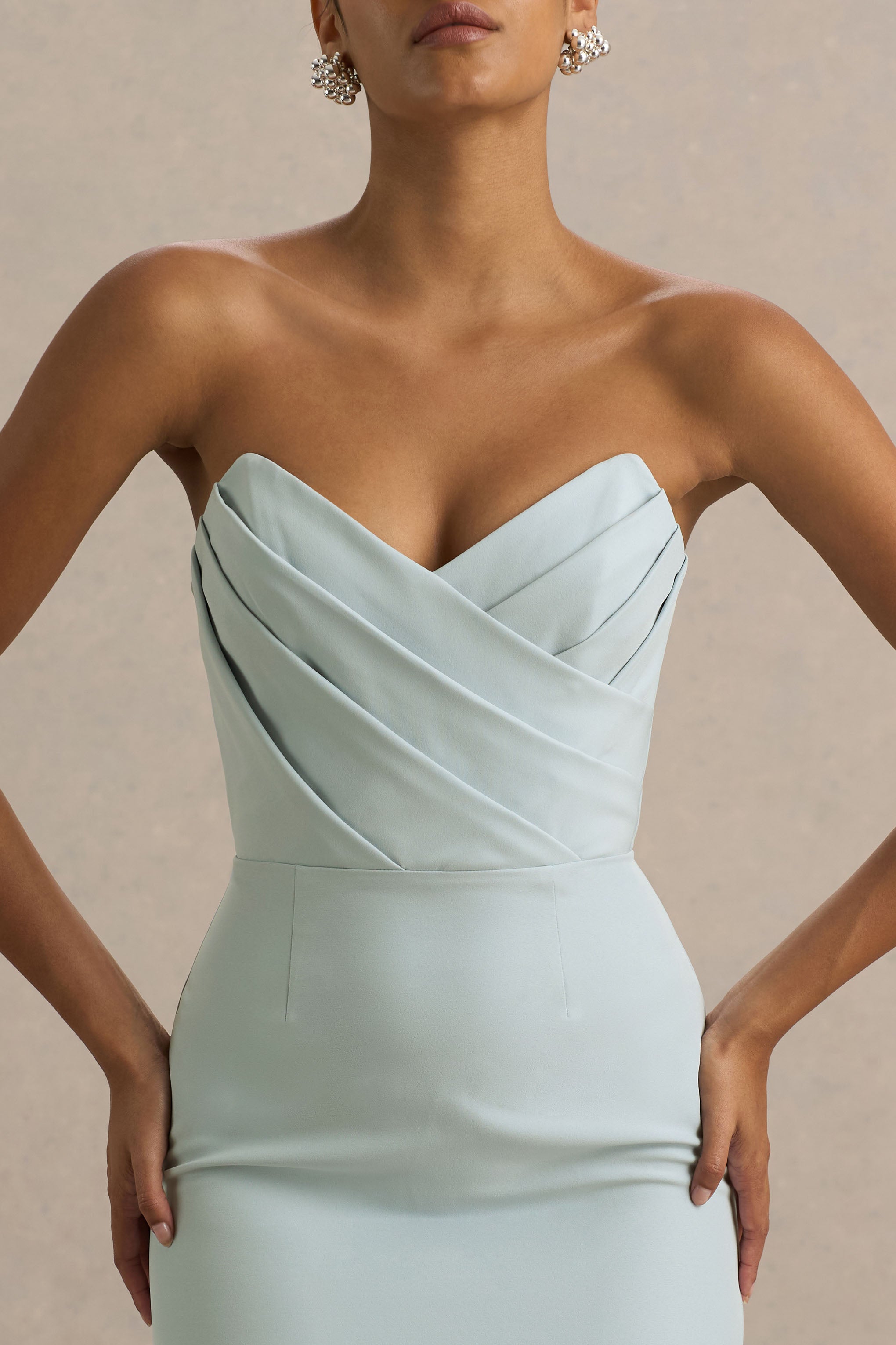 Fierce | Light Blue Asymmetric Ruched Maxi Dress-Sowoom