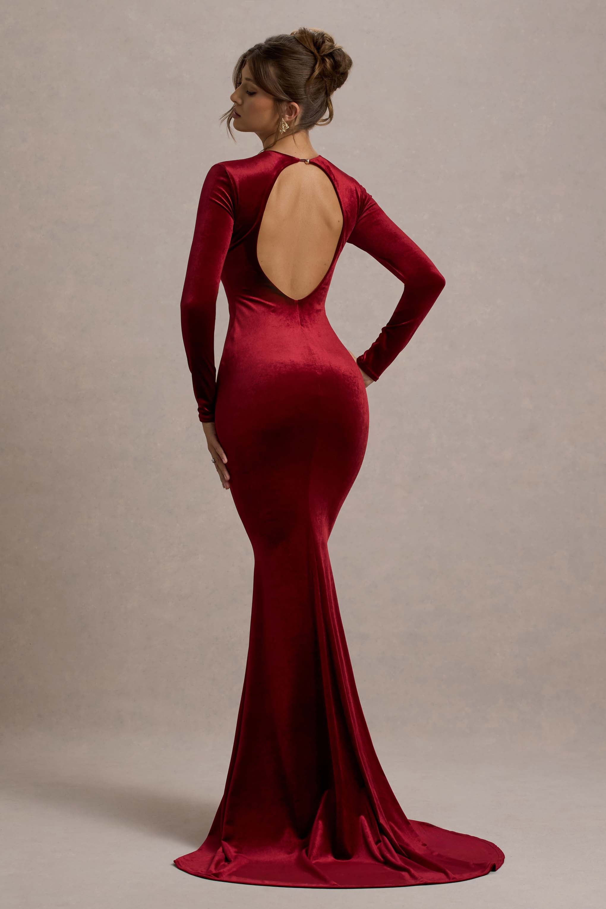 Keaton | Berry Velvet Long-Sleeve Open-Back Maxi Dress-Sowoom