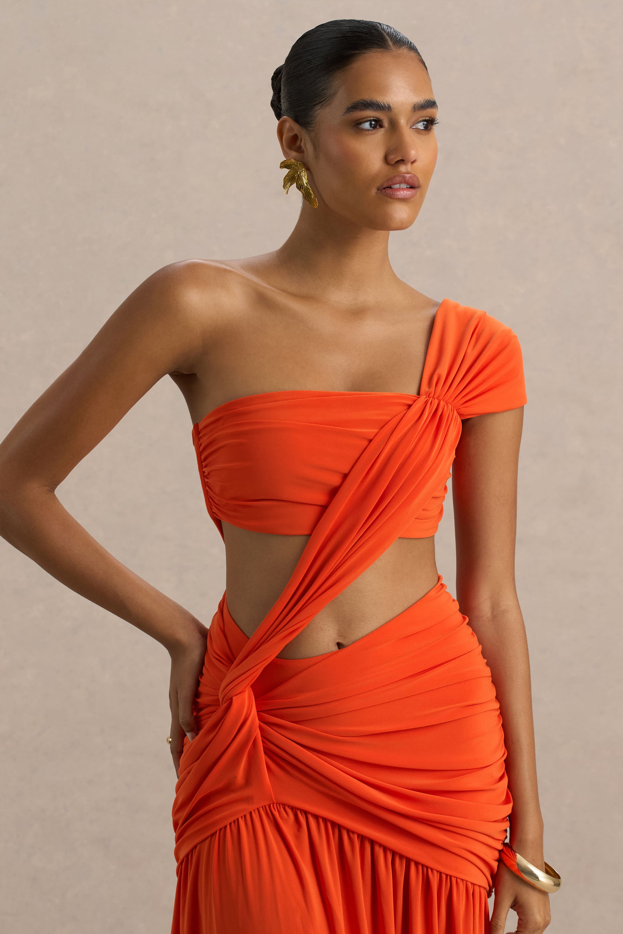 Cadiz | Orange Asymmetric Maxi Dress With Cut-Out Detail and Open-Back-Sowoom