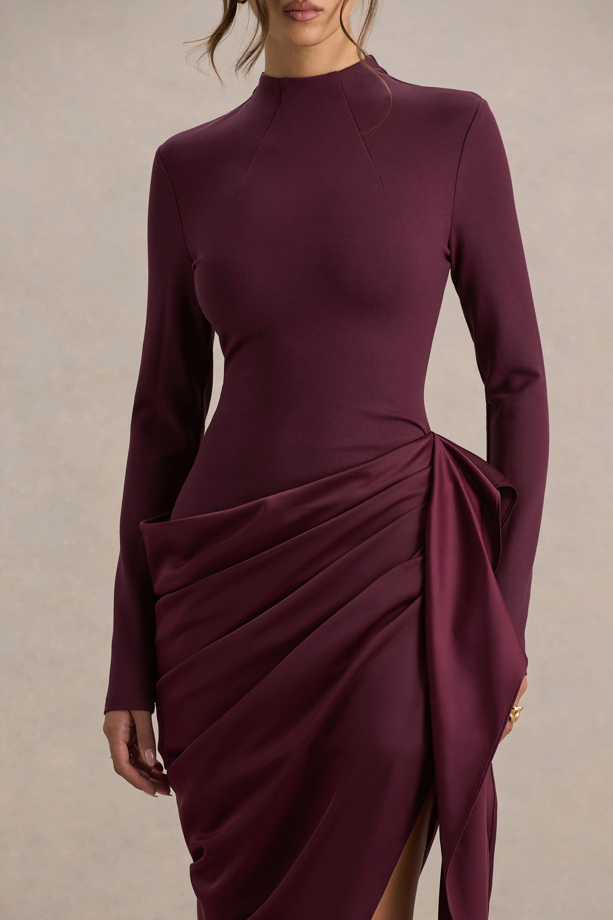 Raffie | Plum Long-Sleeve Midi Dress With Satin Wrap Skirt-Sowoom