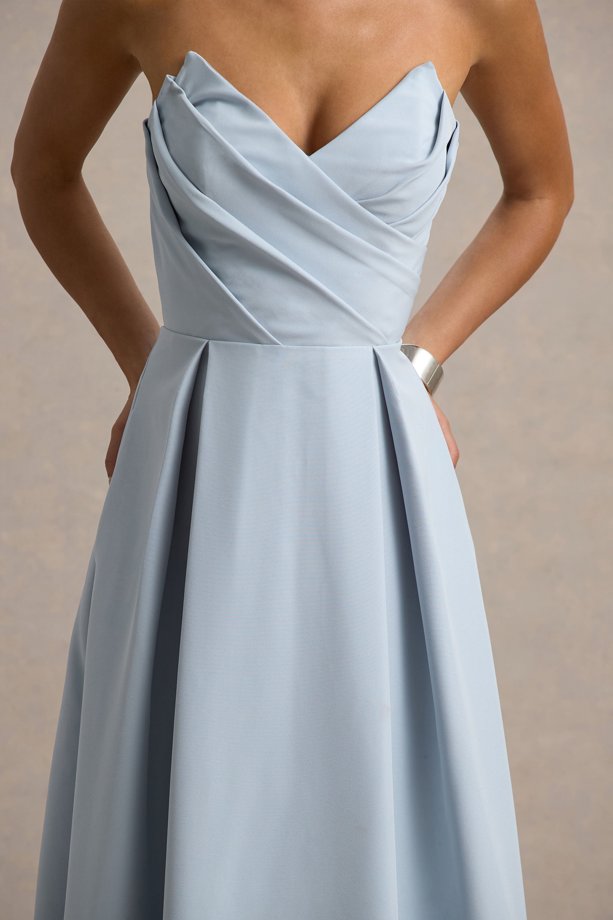 Reigning Beauty | Powder Blue Sweetheart Midi Dress With Volume Hem-Sowoom