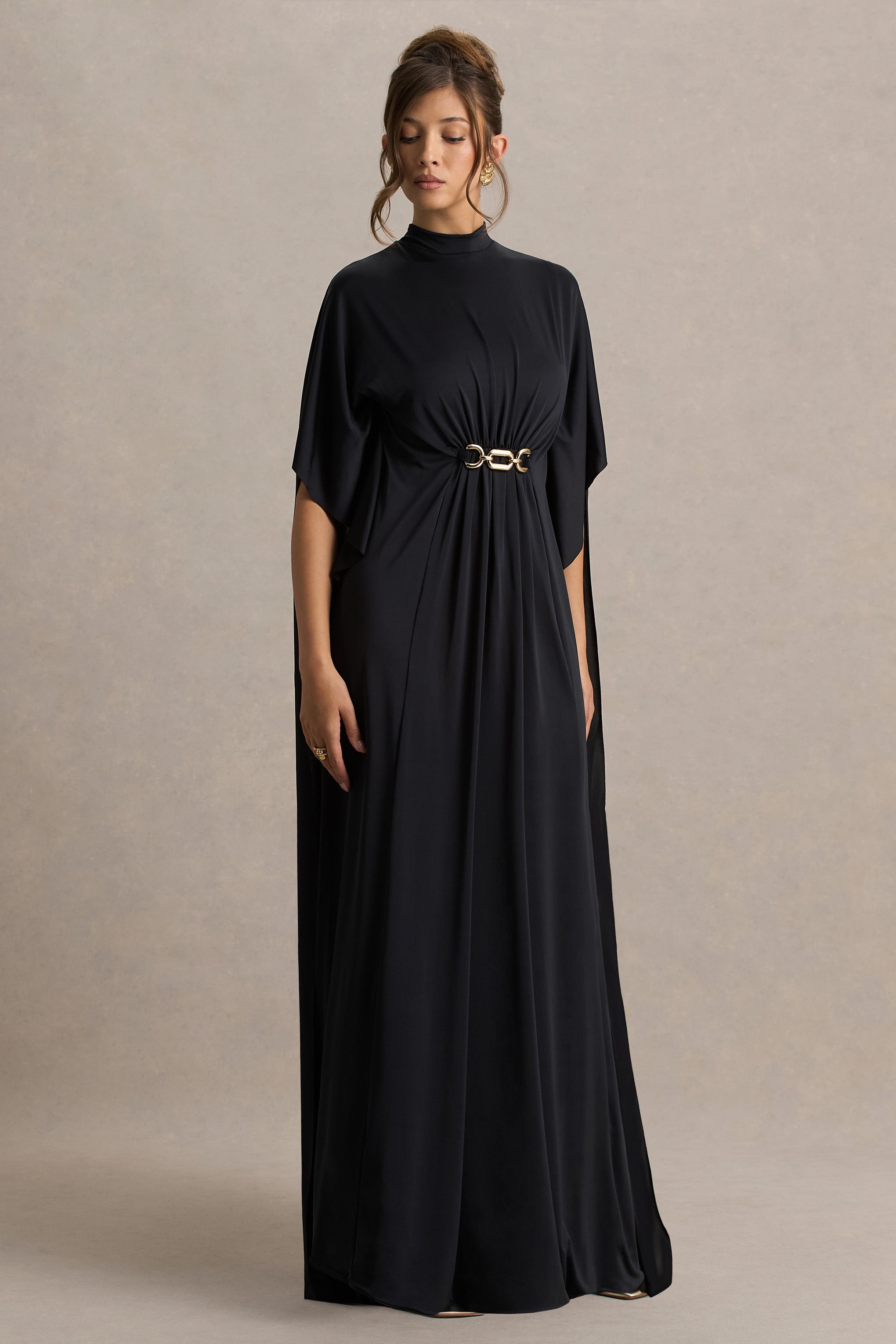 Olessia | Black Belted Gathered Cape-Sleeve Maxi Dress-Sowoom