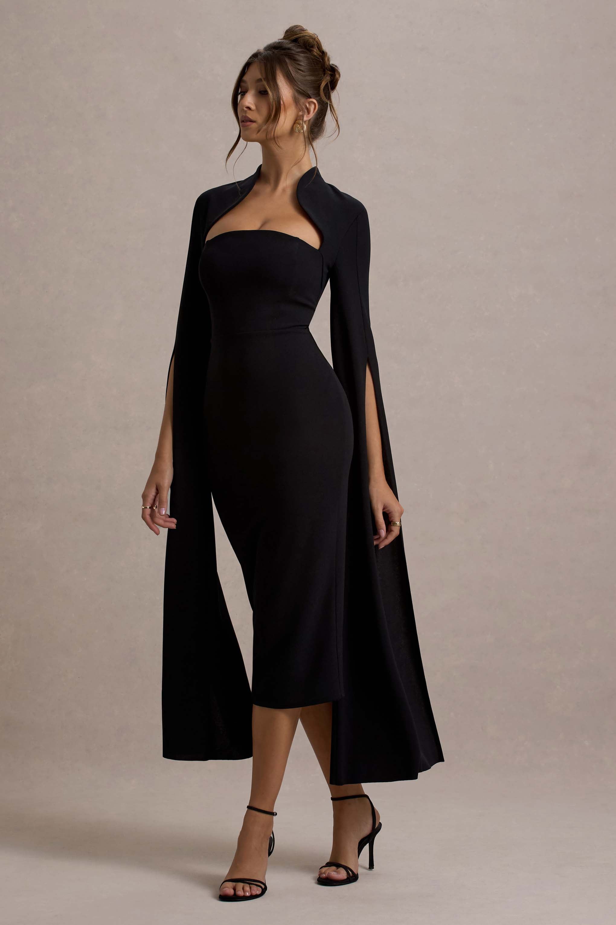 Linden | Black Bodycon Cape-Sleeve Midi Dress-Sowoom