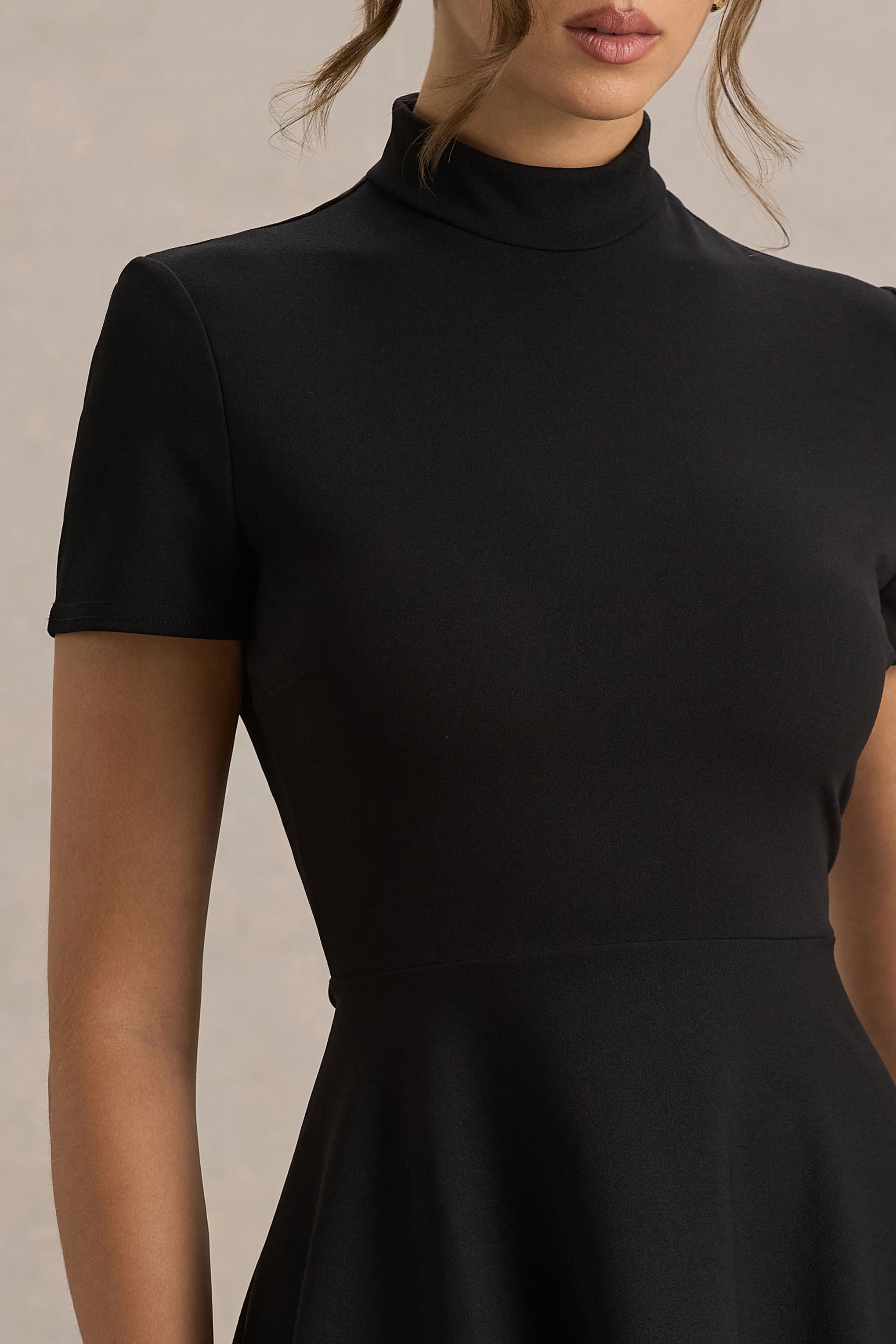 Bellona | Black High-Neck High-Low Midi Dress-Sowoom