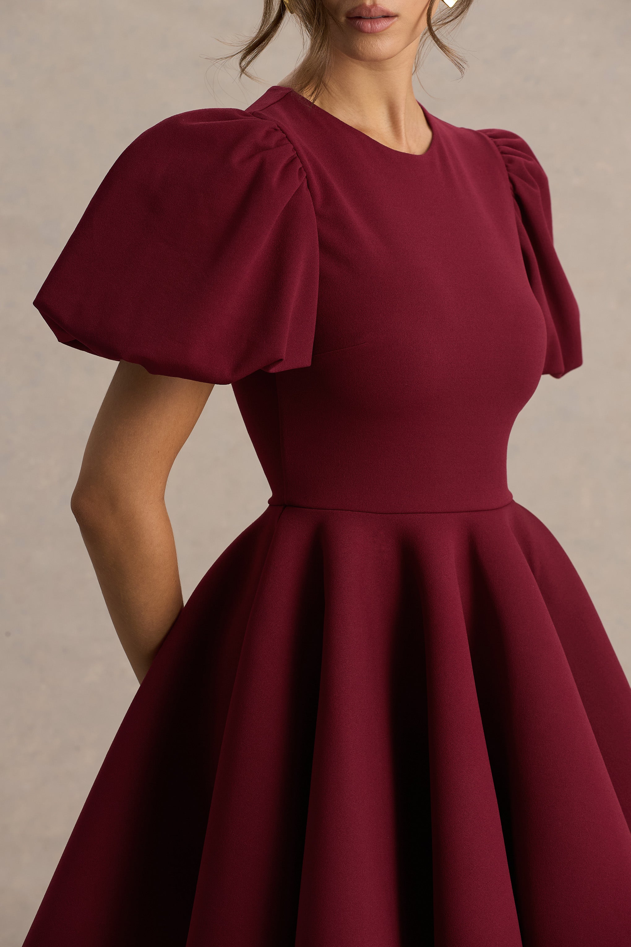 Emelia | Burgundy Puff-Sleeve Skater Mini Dress-Sowoom