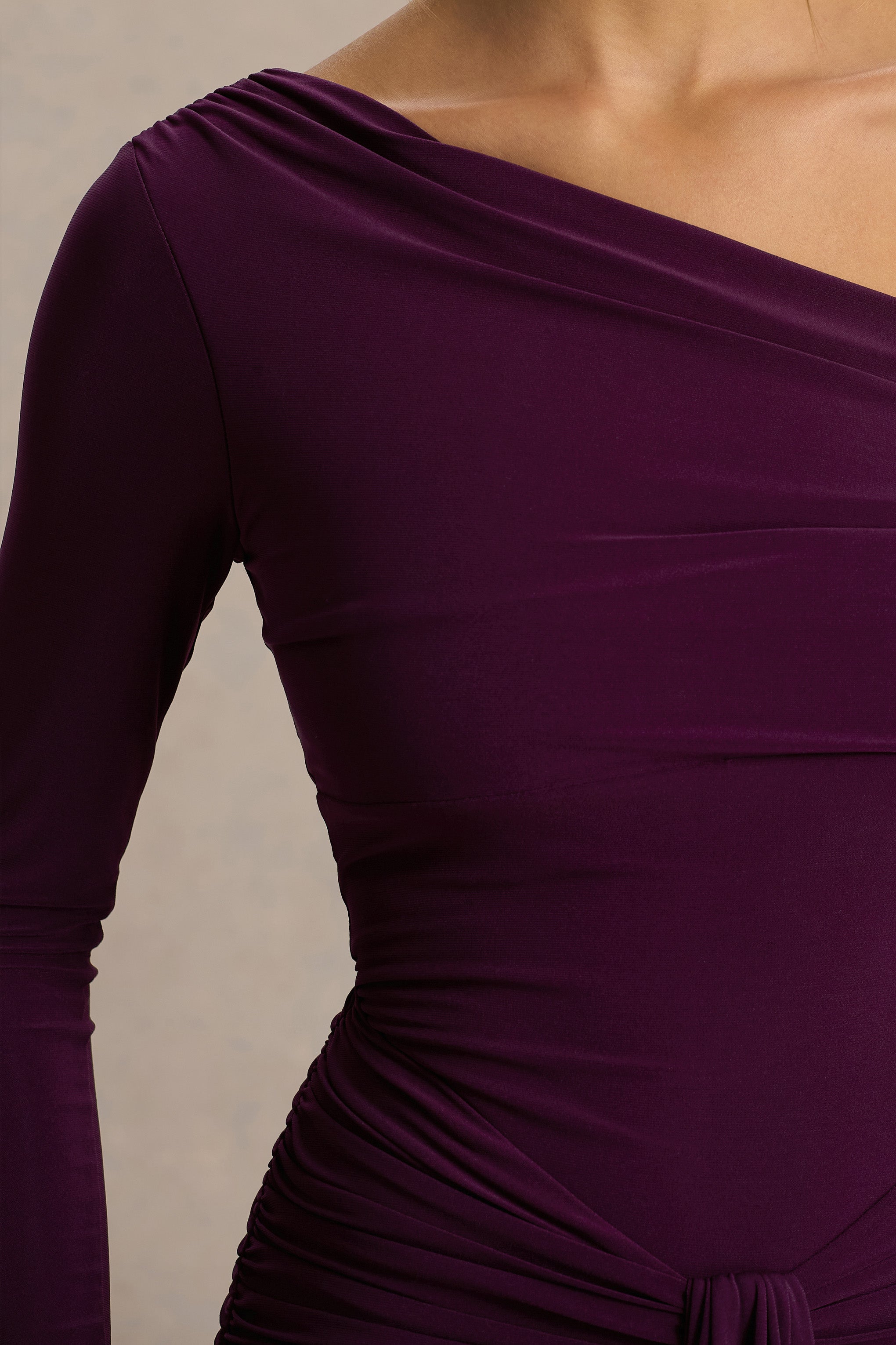 Clover | Burgundy Asymmetric-Neck Wrapped Maxi Dress With Sash-Sowoom