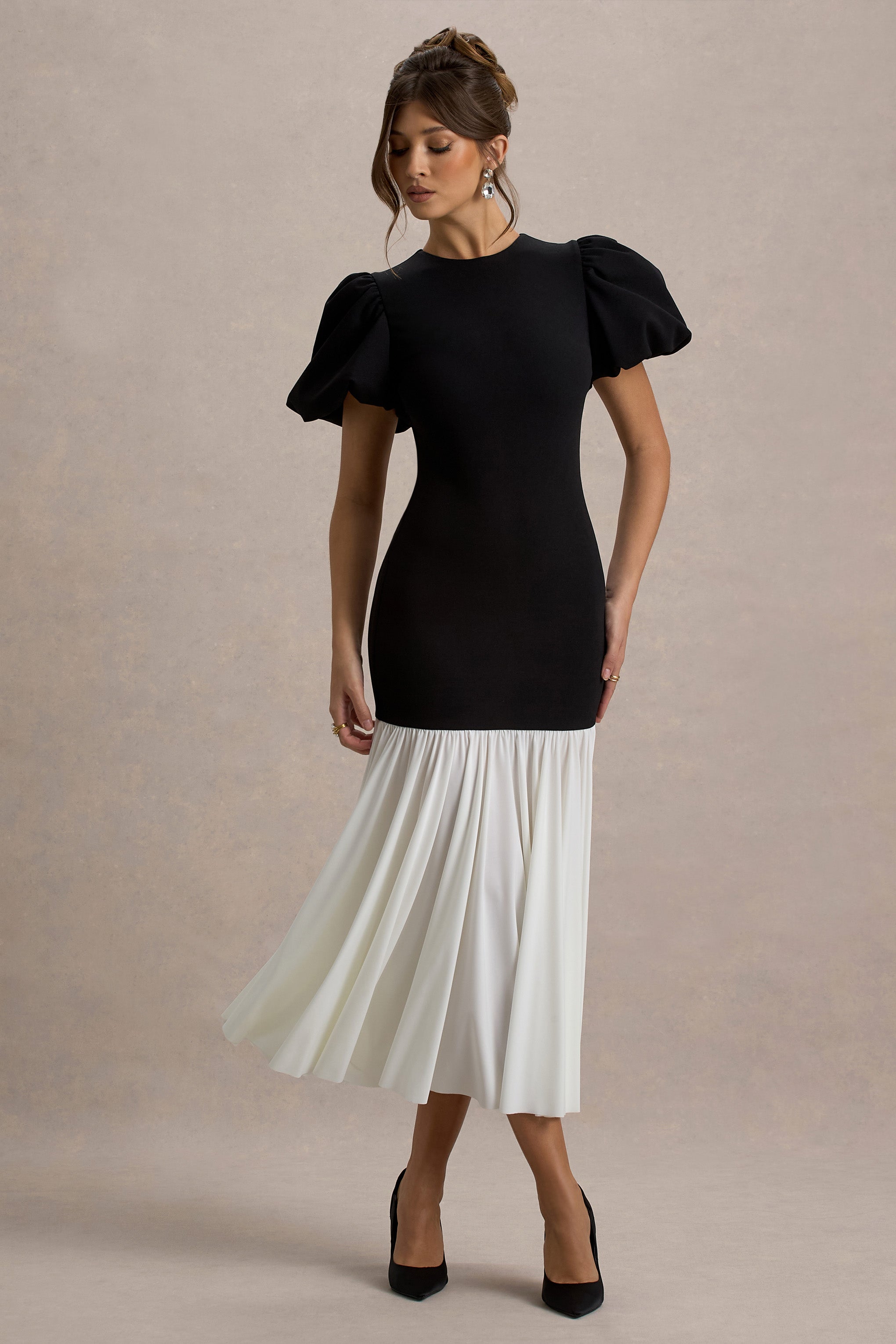 Cinzia | Black & White Puff-Sleeve Volume-Hem Midi Dress-Sowoom