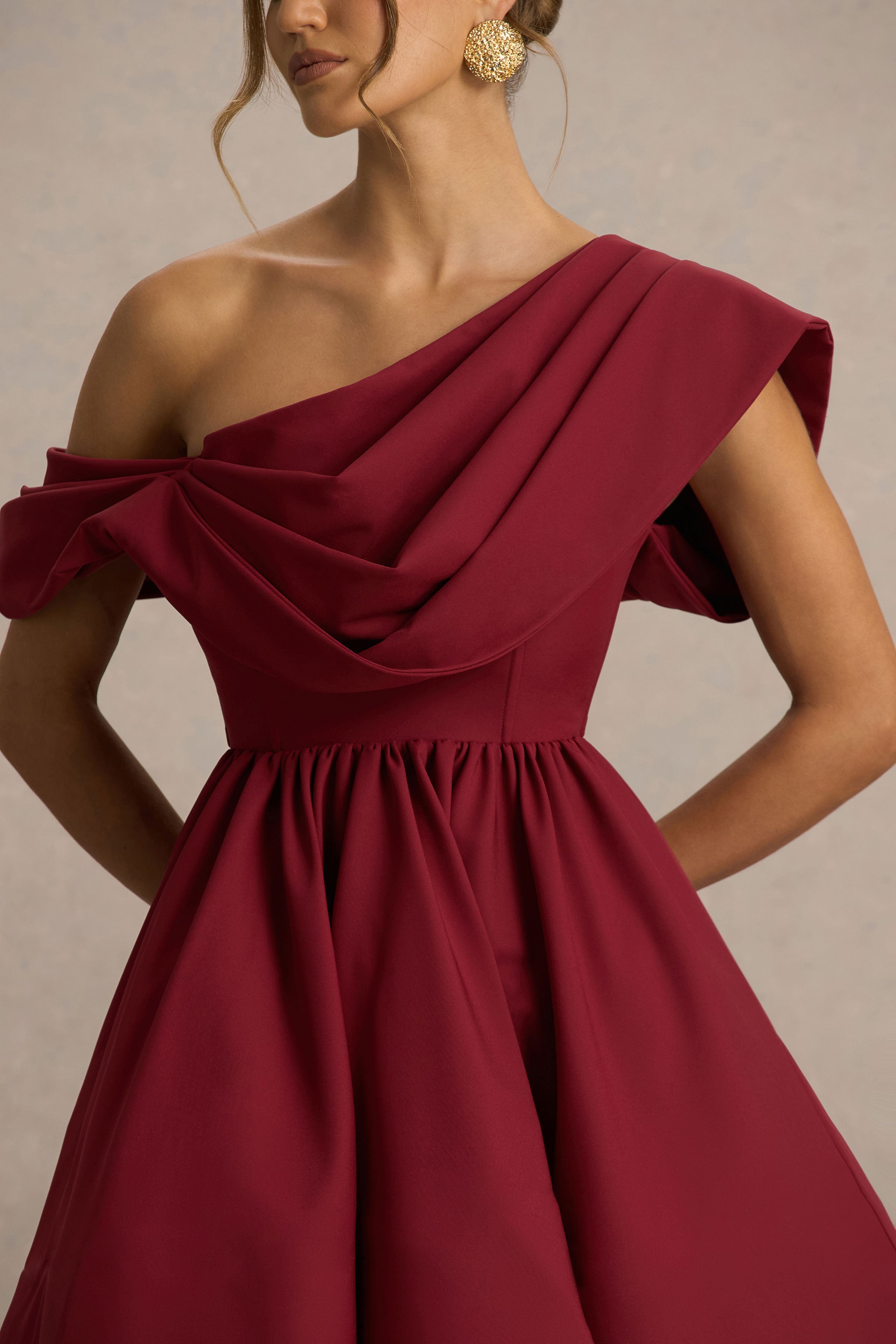 Verona | Burgundy  Draped Asymmetric-Neck Skater Mini Dress-Sowoom