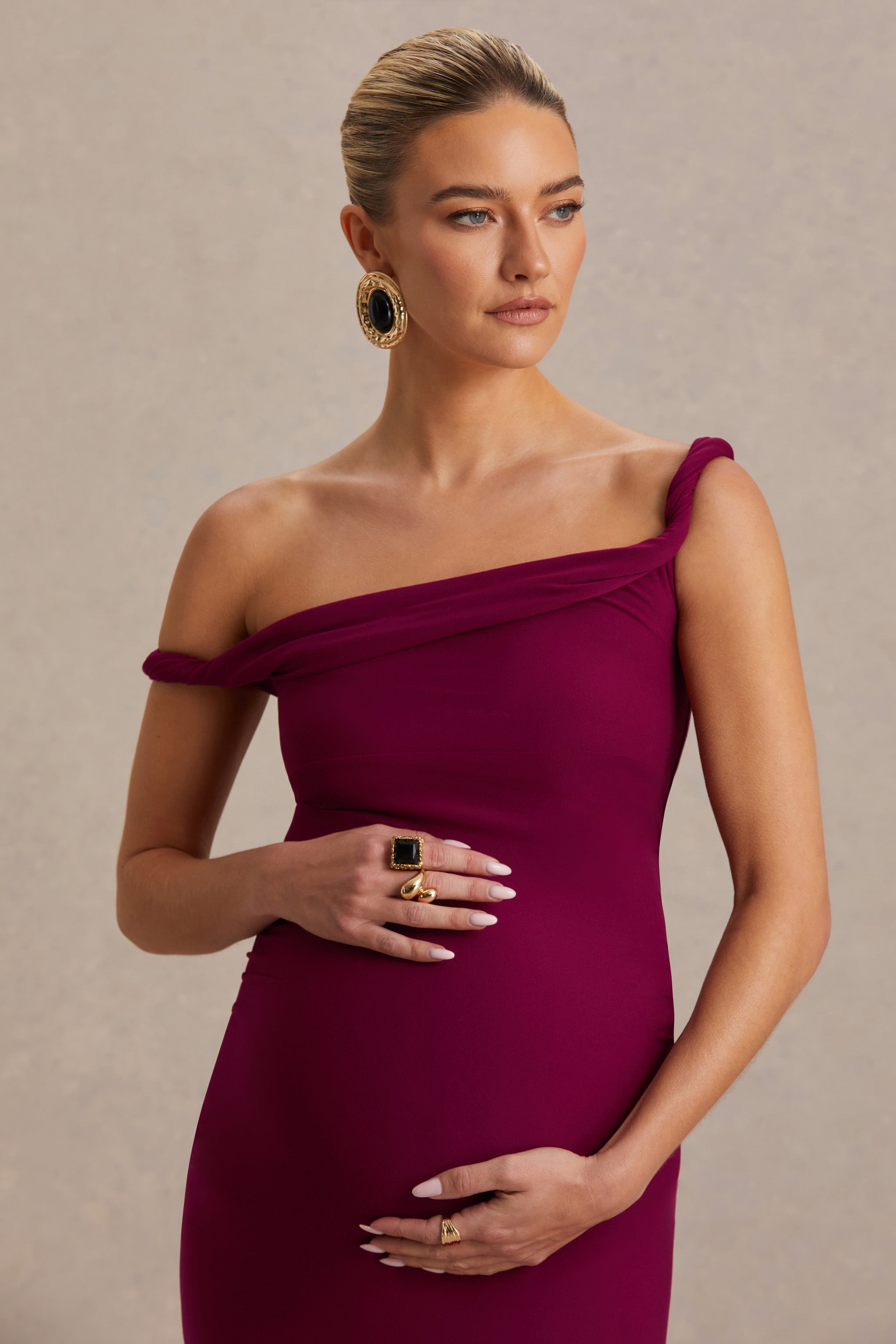 Salome | Burgundy Twisted Asymmetric Maternity Midi Dress-Sowoom