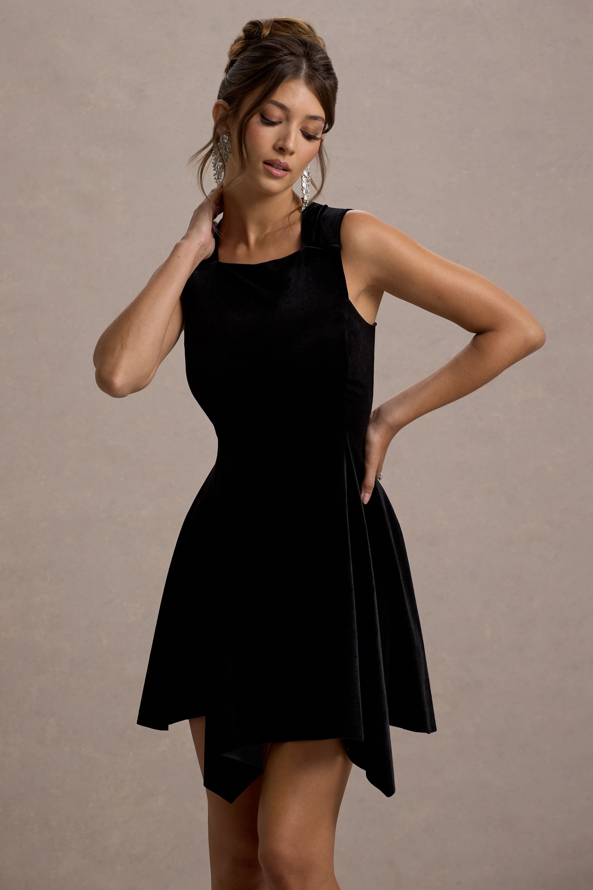 Baker | Black Velvet Draped-Hem Mini Dress-Sowoom