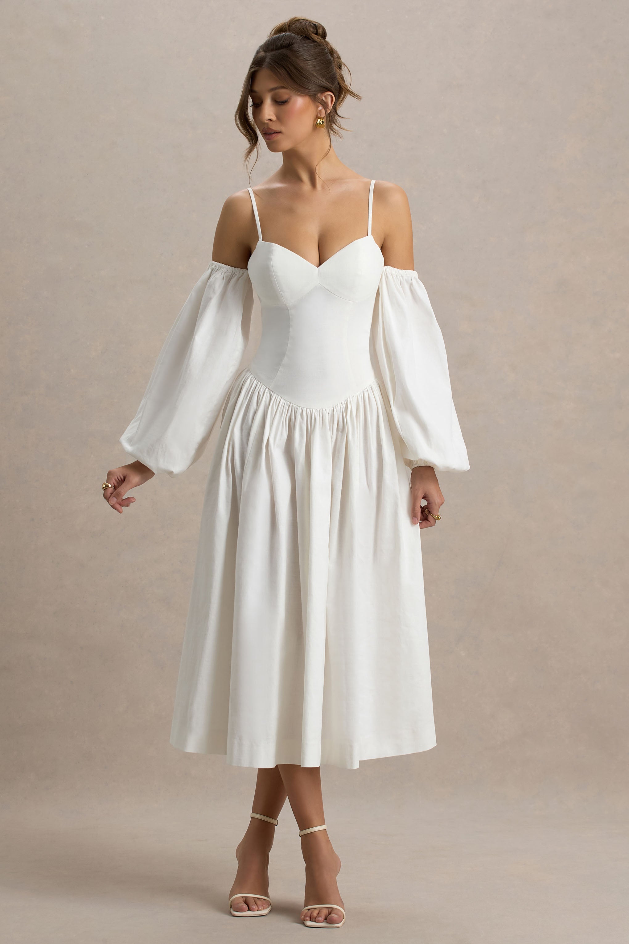 Macie | Cream Sweetheart Midi Dress With Balloon Sleeves-Sowoom