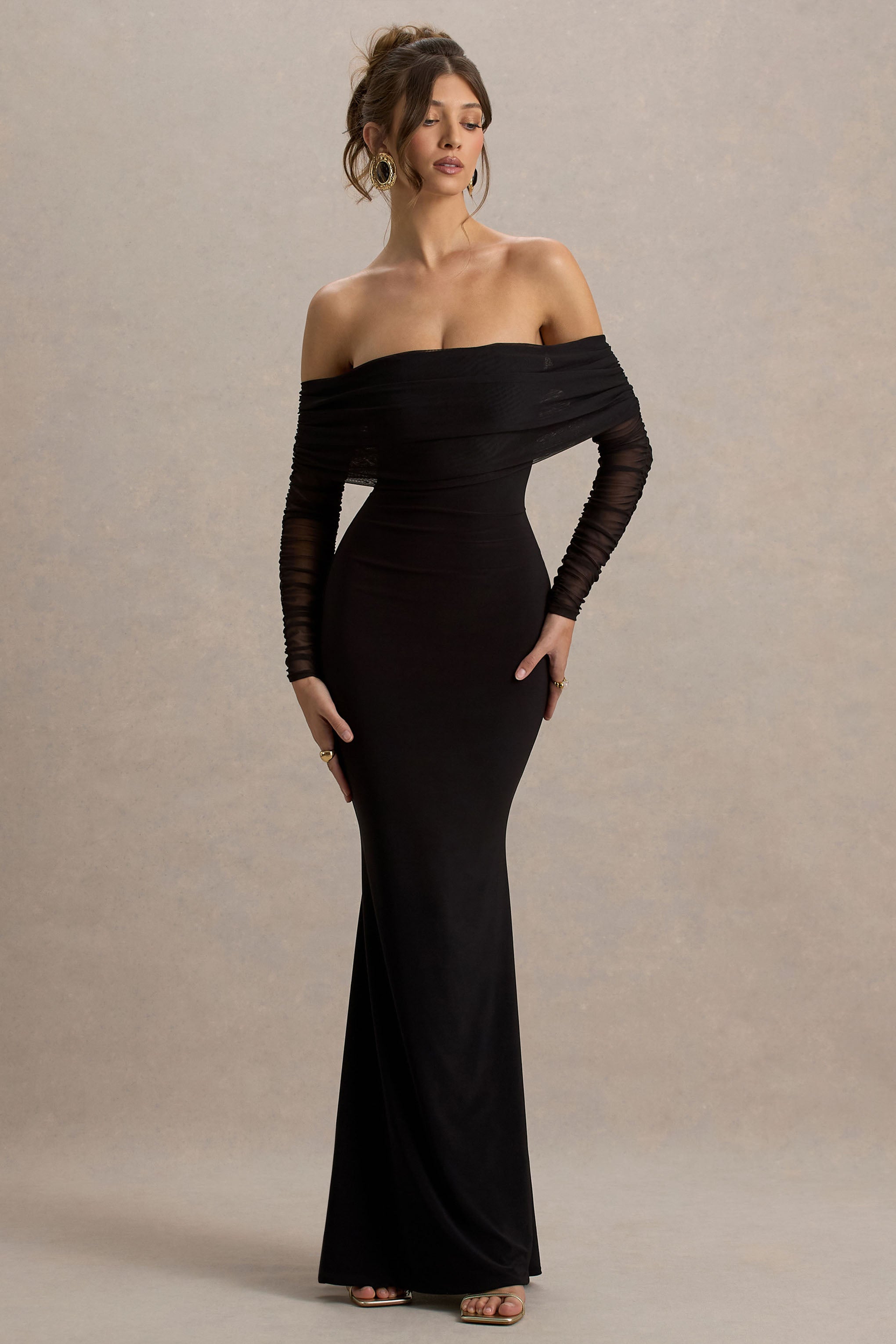 Madeleine | Black Fishtail Maxi Dress With Bardot Mesh Long Sleeves-Sowoom