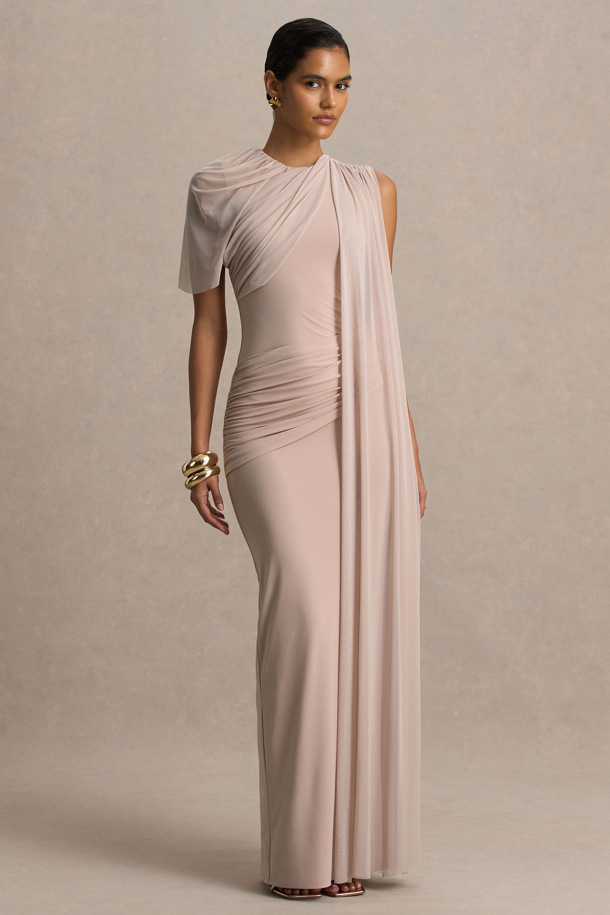 Brenda | Champagne Crew-Neck Maxi Dress With Mesh Cape And Sash-Sowoom