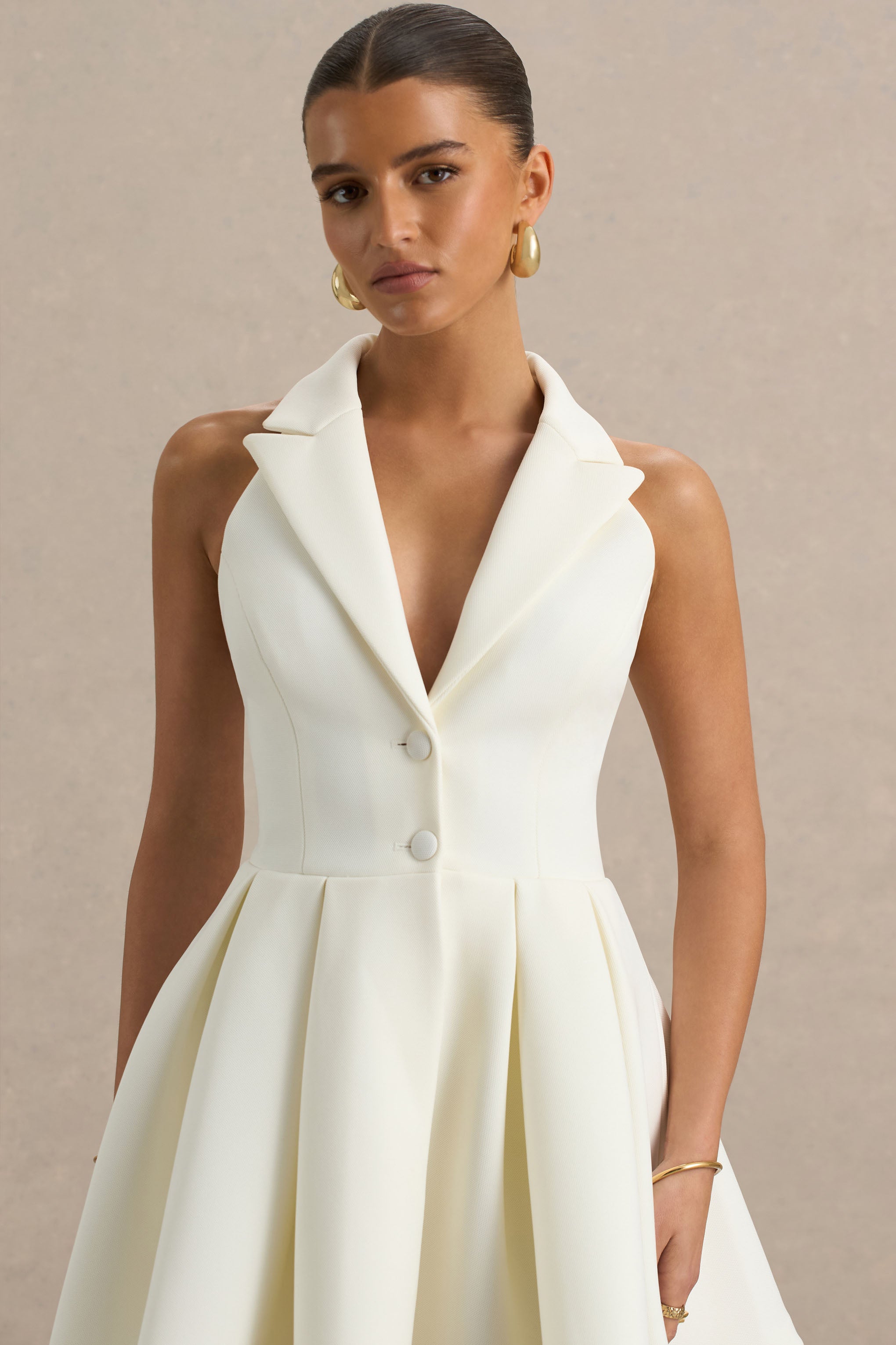 Kyla | White Plunge-Neck Mini Dress-Sowoom