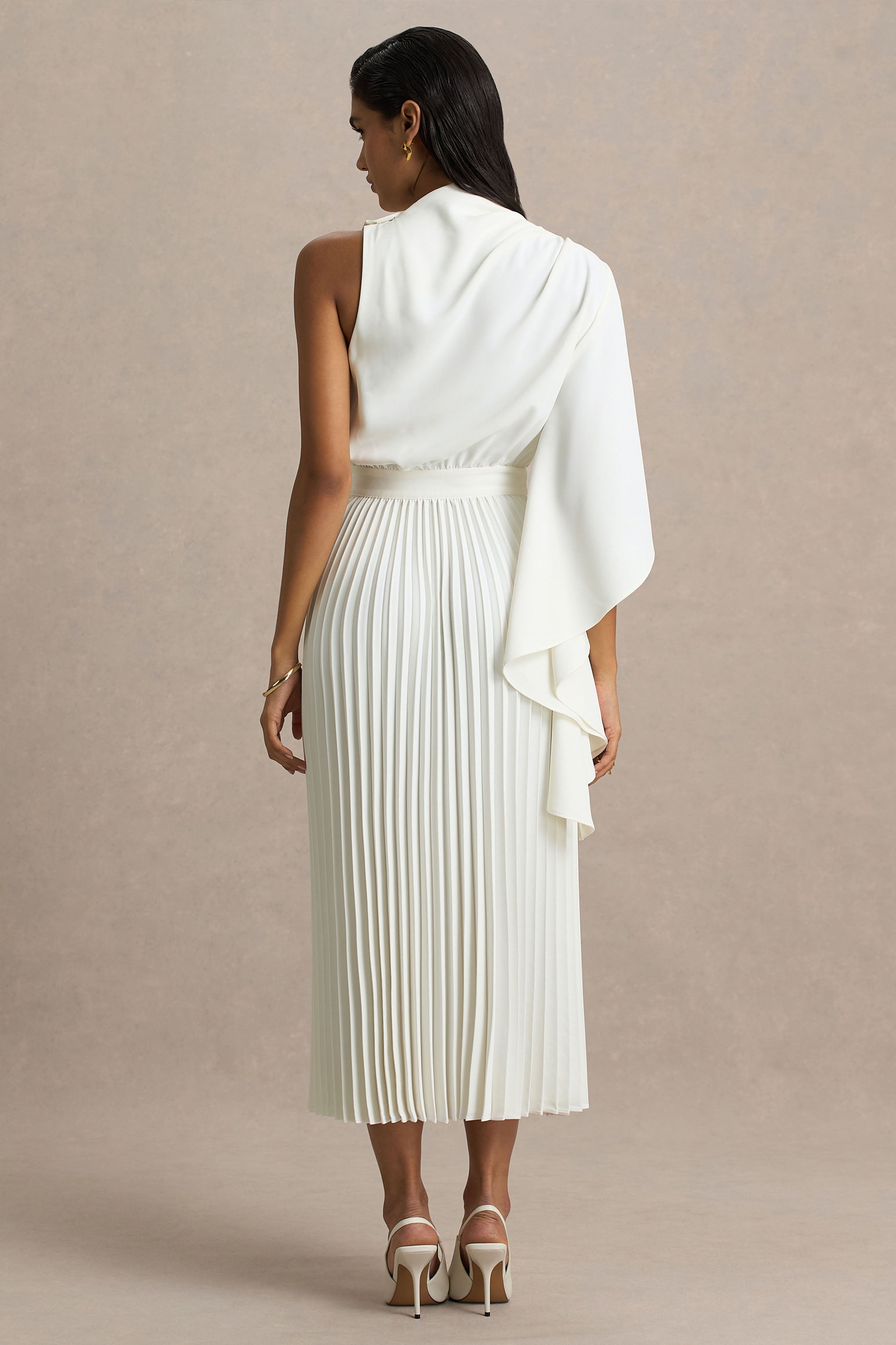 Jimena | Cream High-Neck Midi Dress With One-Long Sleeve And Pleated Detailing-Sowoom