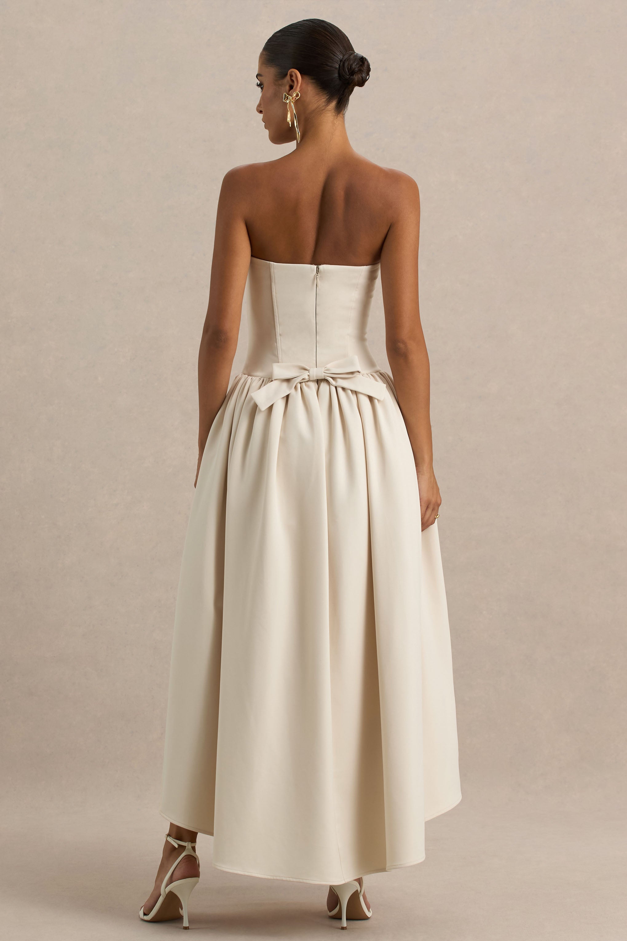 Candice | Cream Bandeau Volume Midi Dress With Back Bow Detail-Sowoom